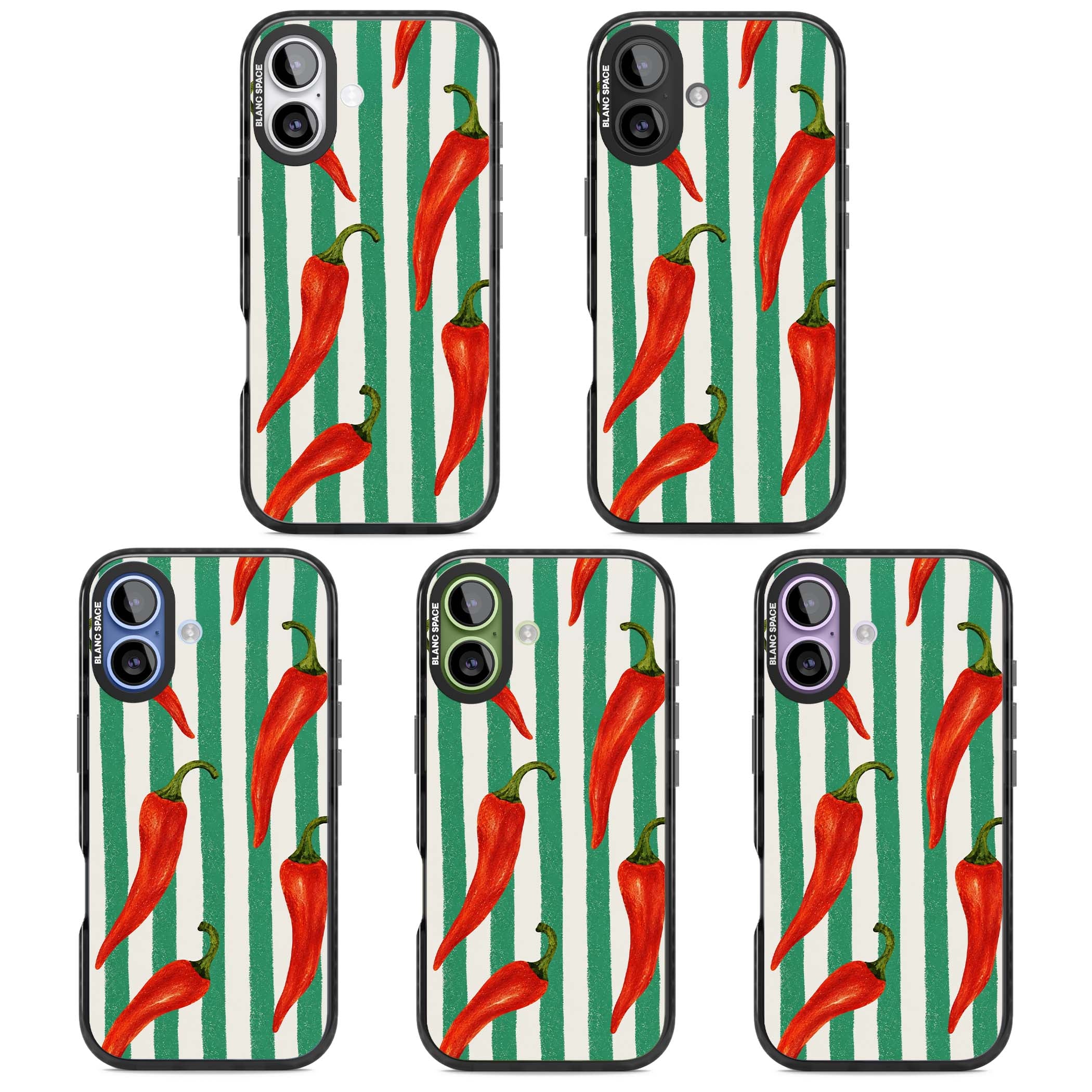 Striped Chillis coastal iPhone case featuring hand-painted red chili peppers on green and cream stripes | Black Impact Magsafe case for iPhone 17