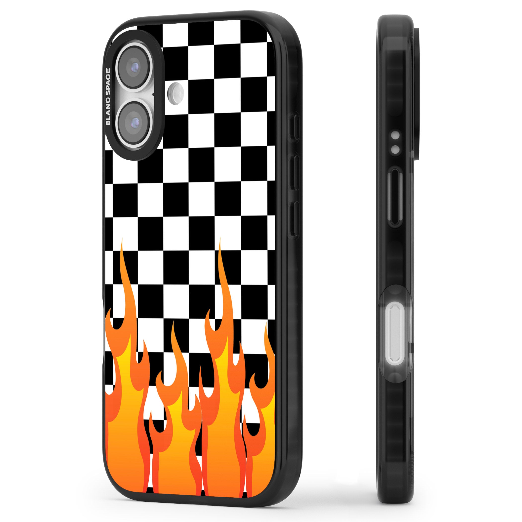 Checkered Fire iPhone 17 Impact Pro Black Phone Case Side Profile