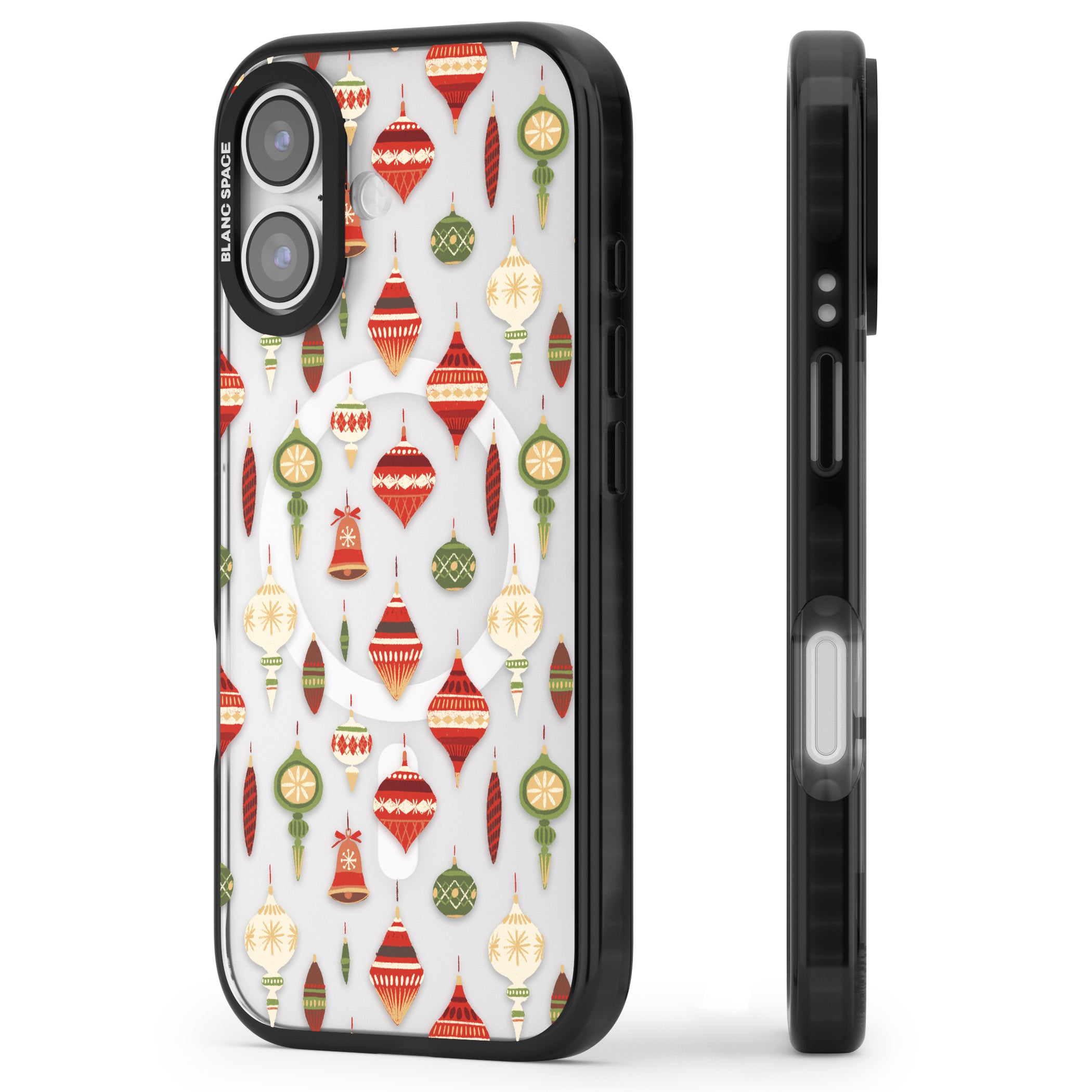 Christmas Baubles Pattern iPhone 17 Impact Pro Black Phone Case Side Profile