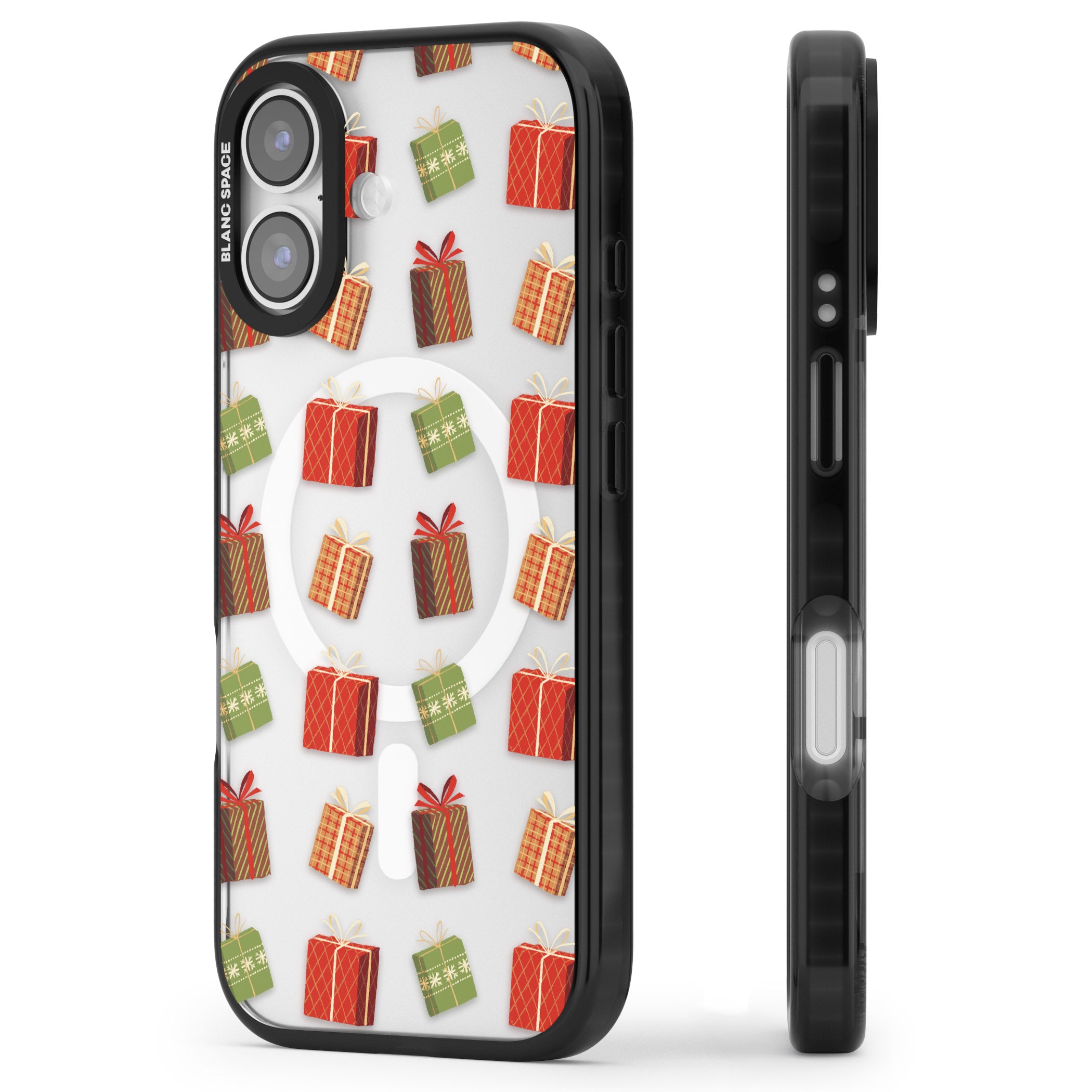 Christmas Presents Pattern iPhone 17 Impact Pro Black Phone Case Side Profile