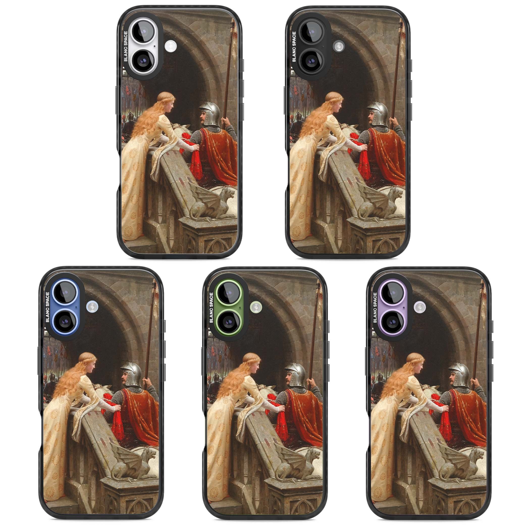 God Speed fine art iPhone case featuring Edmund Blair Leighton's medieval knight and lady beneath a stone archway | Black Impact Magsafe case for iPhone 17