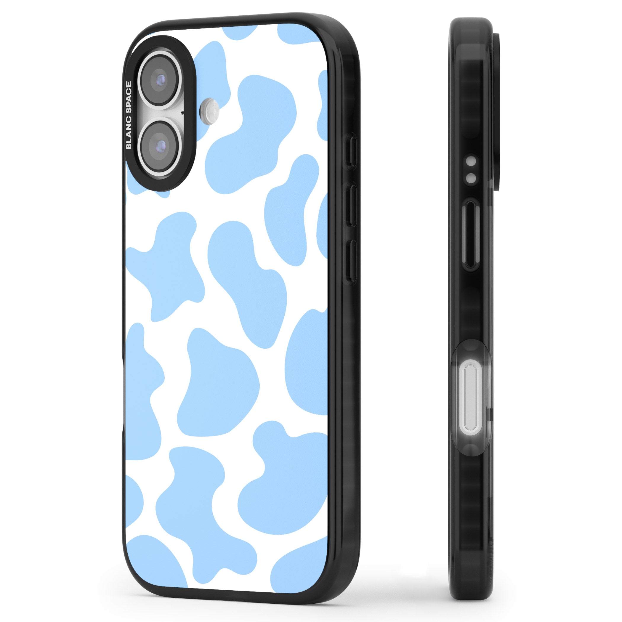 Blue And White Cow Print iPhone 17 Impact Pro Black Phone Case Side Profile