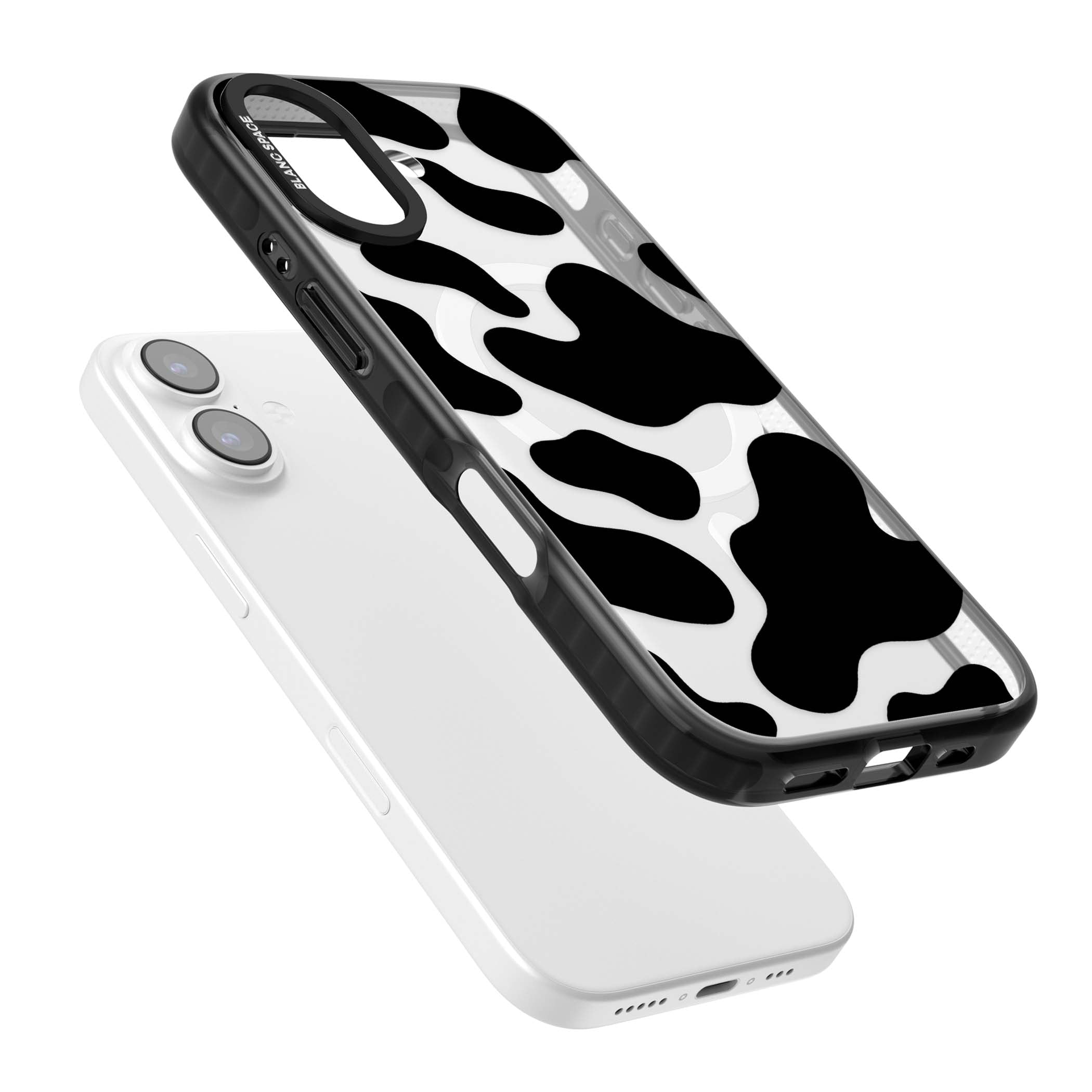 Clear Cow Print cow print iPhone case featuring black and white cow pattern splotches on a clear background | Black Impact Magsafe case for iPhone 17