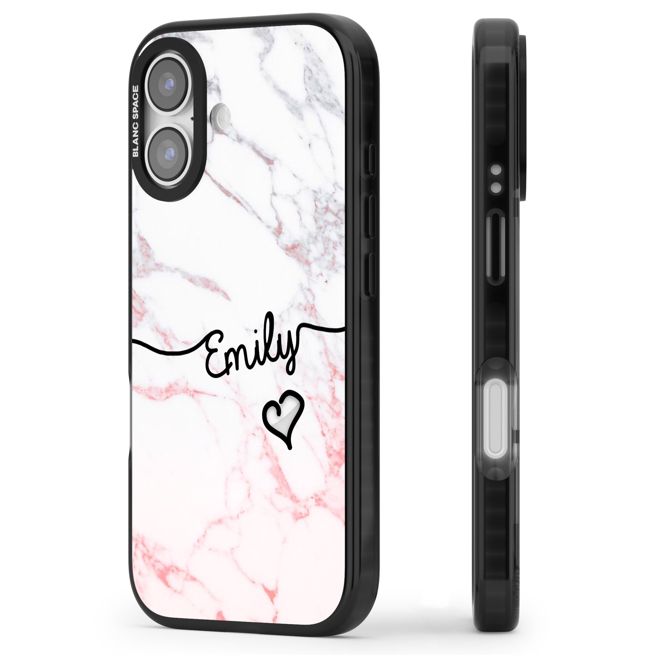 Personalised Pink Fade Marble Heart iPhone 17 Impact Pro Black Phone Case Side Profile