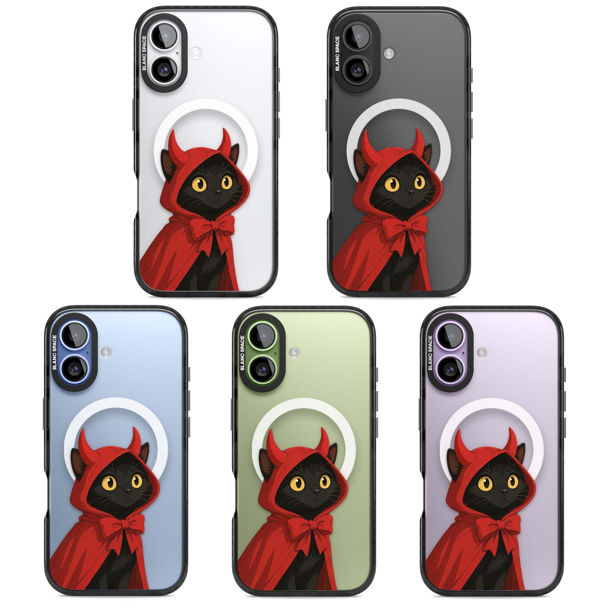Little Devil halloween iPhone case featuring a black cat in a red hooded devil cloak with horns and golden eyes | Black Impact Magsafe case for iPhone 17