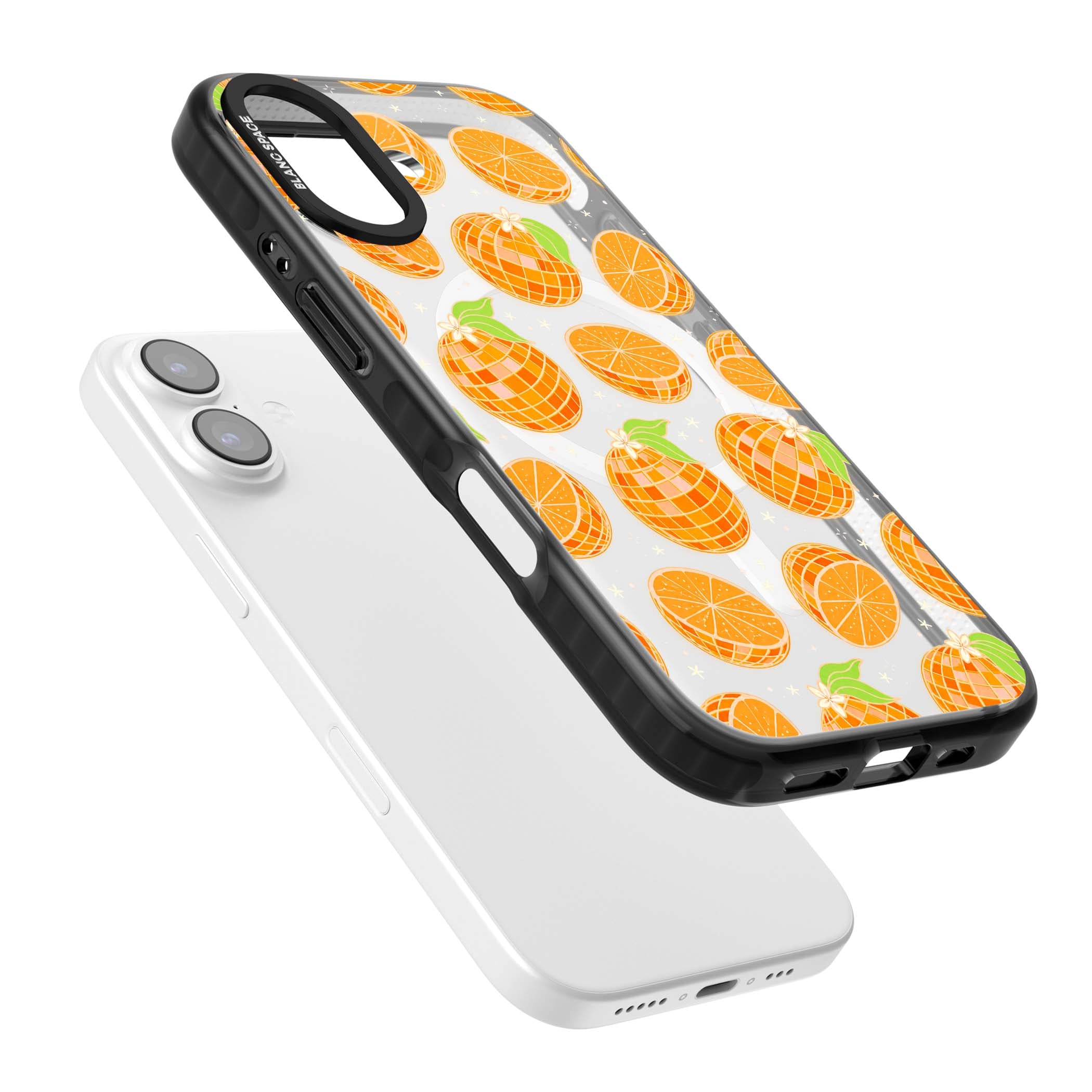 Disco Oranges retro iPhone case featuring mirrorball oranges, citrus slices and tiny blossoms on clear | Black Impact Magsafe case for iPhone 17