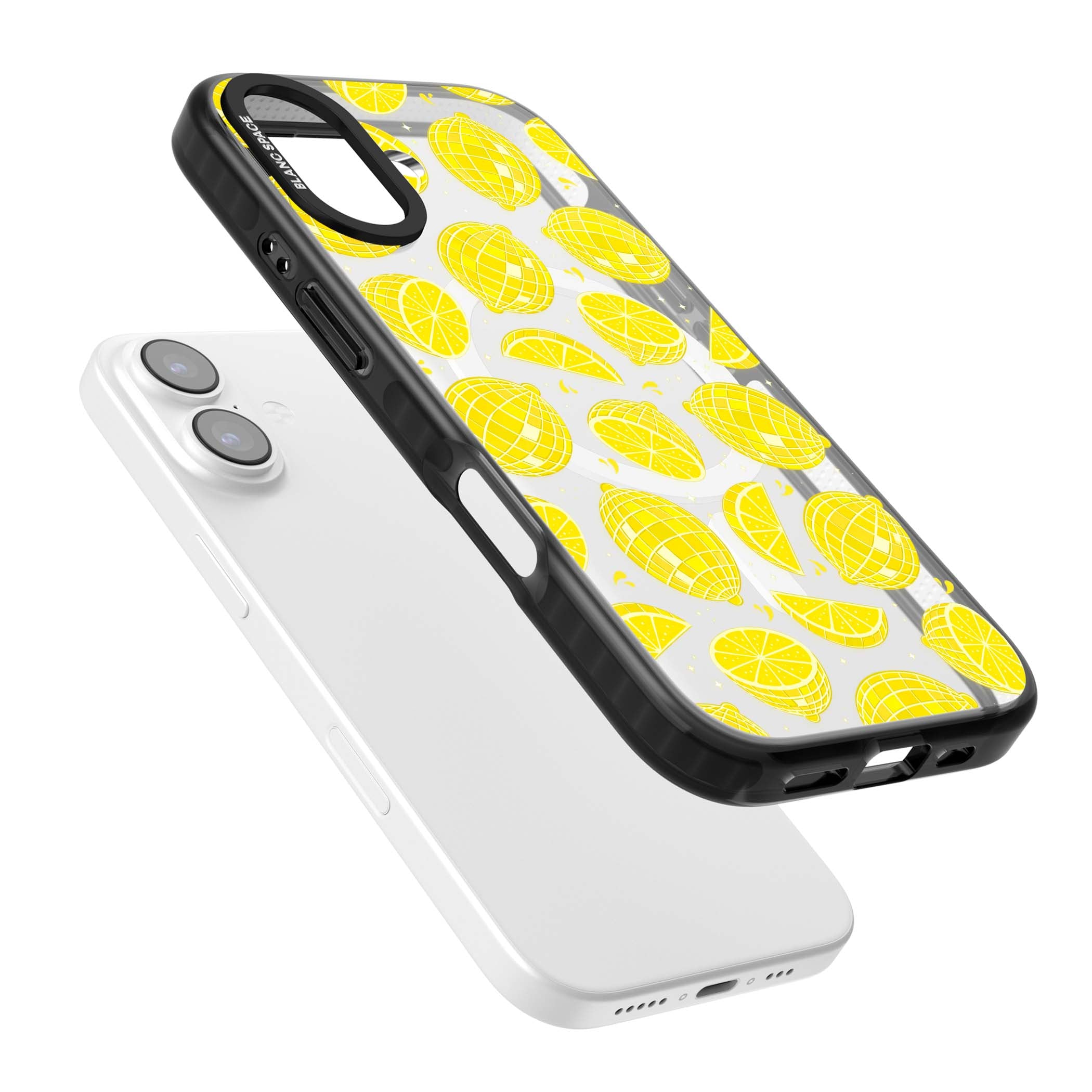 Disco Lemons citrus iPhone case featuring mirrorball lemons, sliced fruit and sparkle accents | Black Impact Magsafe case for iPhone 17