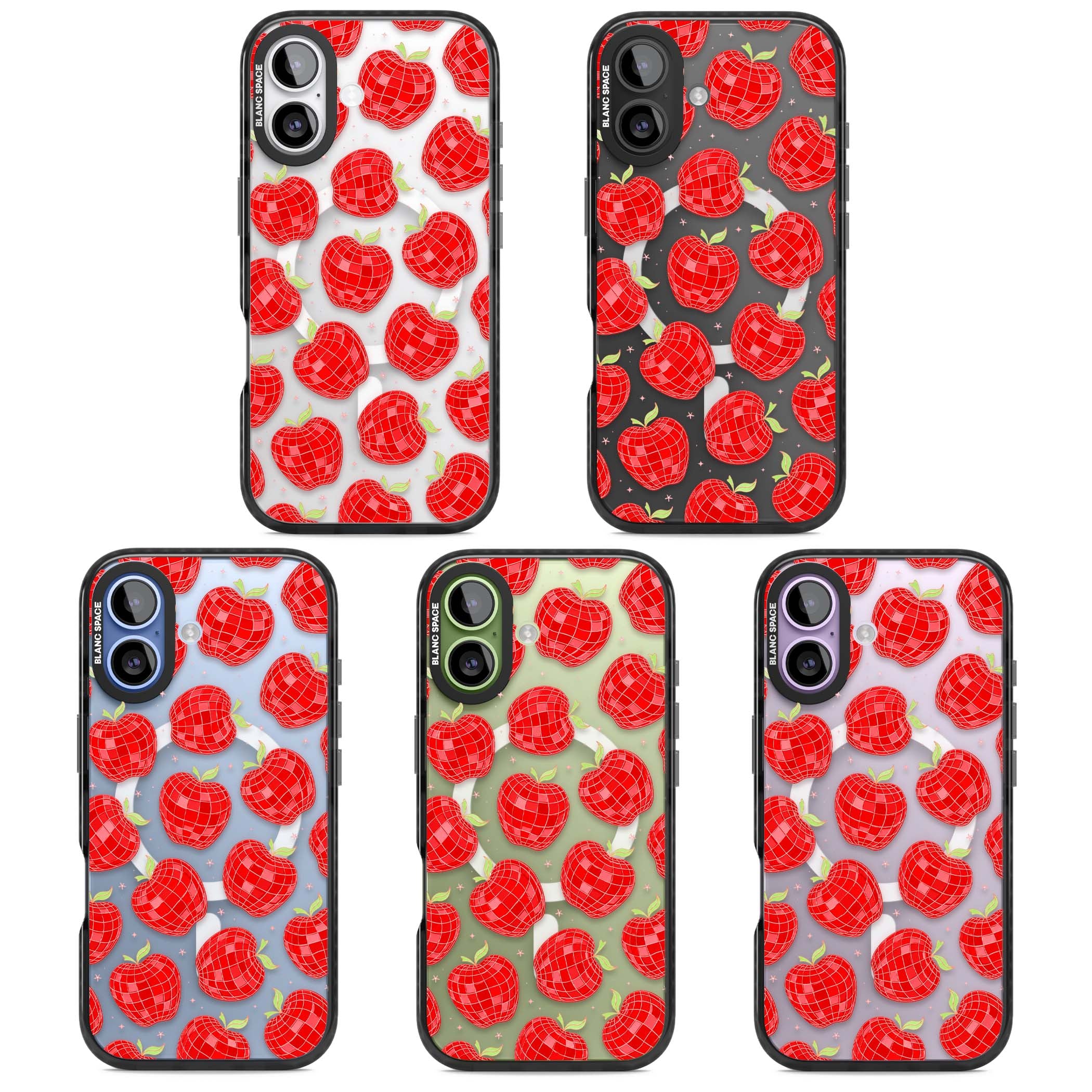 Disco Apples Y2K iPhone case featuring red disco ball apples, green leaves and pink sparkles on clear | Black Impact Magsafe case for iPhone 17