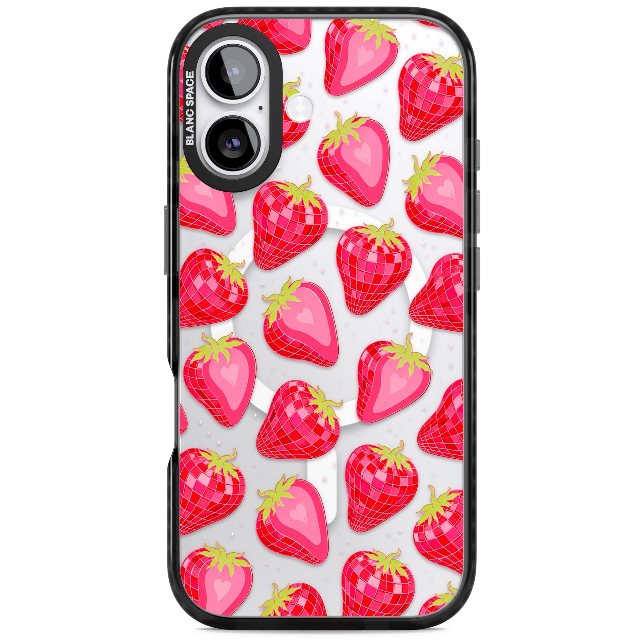 Disco Strawberry Y2K iPhone case featuring pink disco-ball strawberries, green leaves and tiny sparkles | Black Impact Magsafe case for iPhone 17