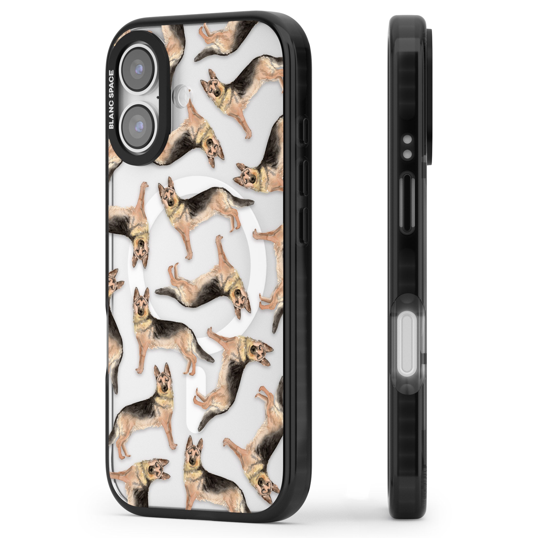 German Shepherd Pattern Classic iPhone 17 Impact Pro Black Phone Case Side Profile