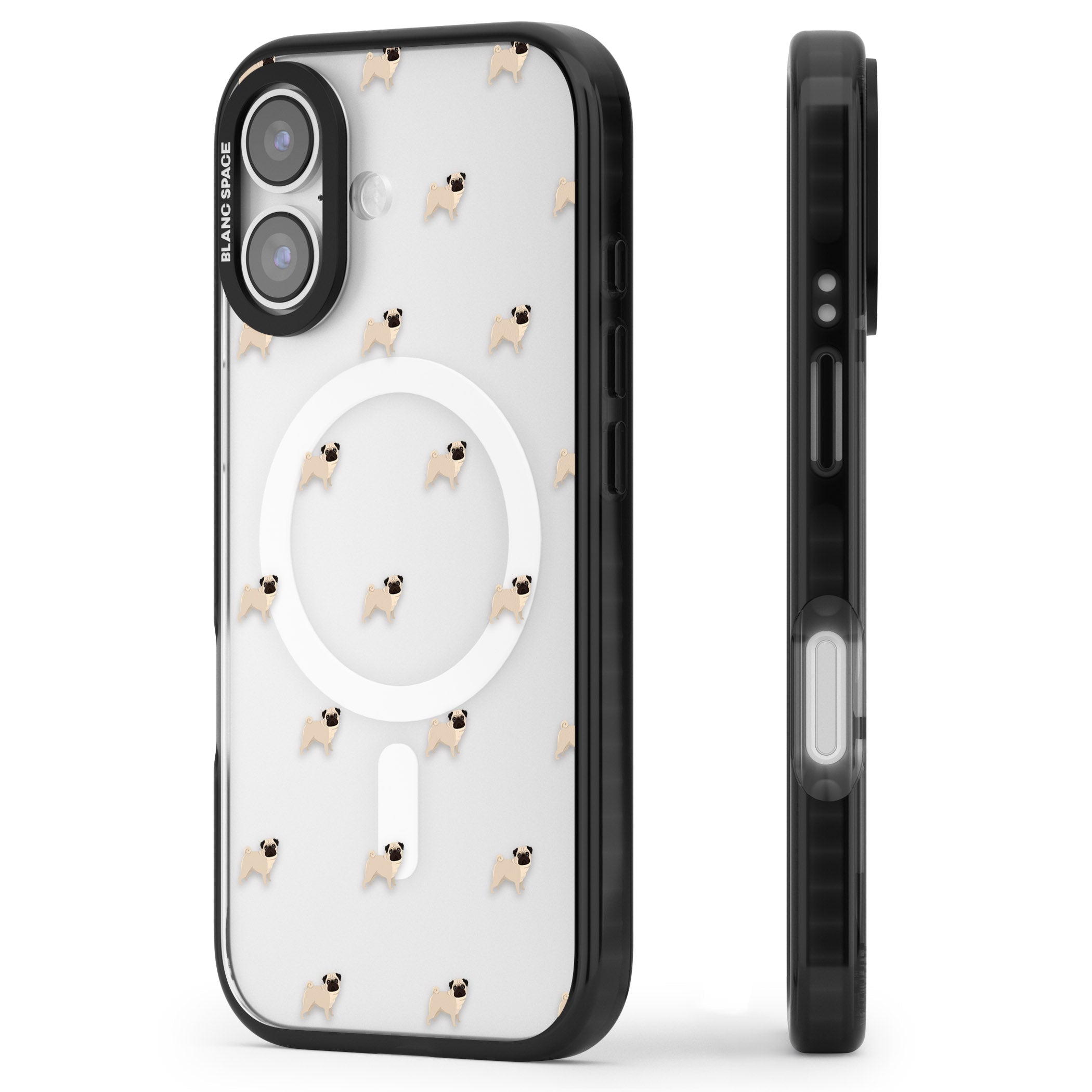 Pug Pattern iPhone 17 Impact Pro Black Phone Case Side Profile
