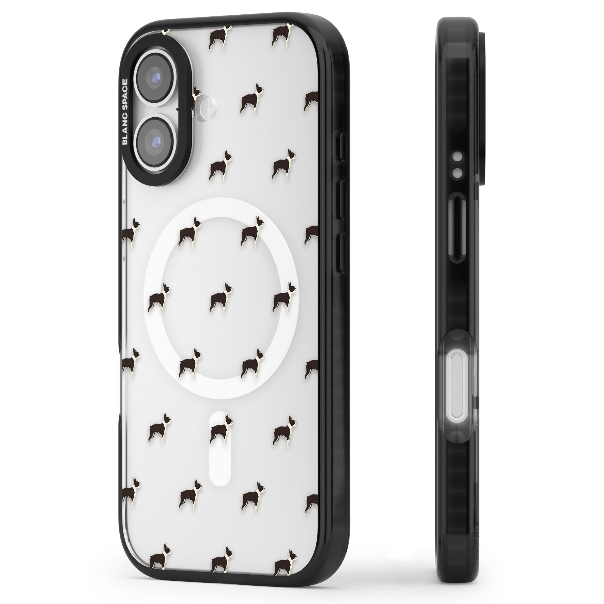 Boston Terrier Pattern iPhone 17 Impact Pro Black Phone Case Side Profile