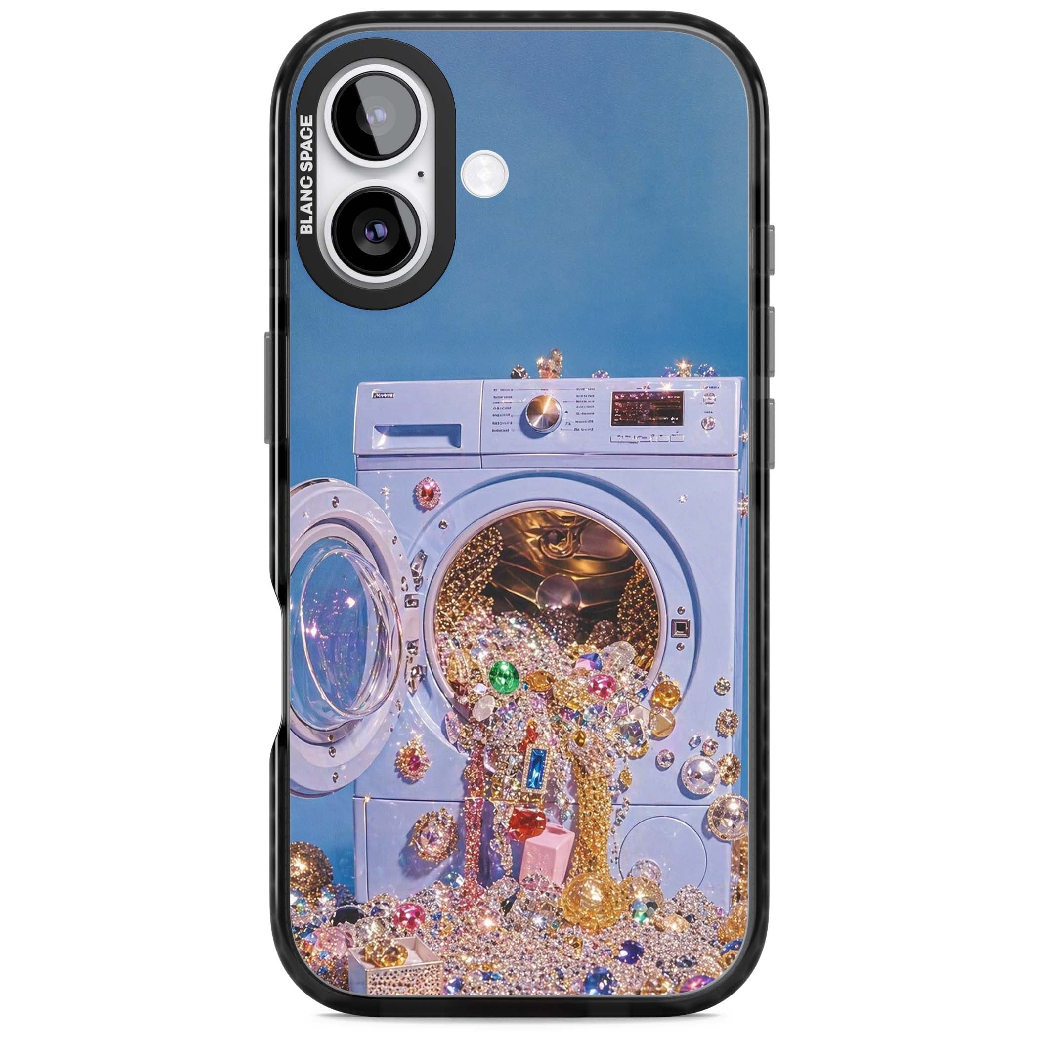 Gem Laundry baddie iPhone case featuring a surreal washing machine overflowing with colourful gemstones and crystals | Black Impact Magsafe case for iPhone 17