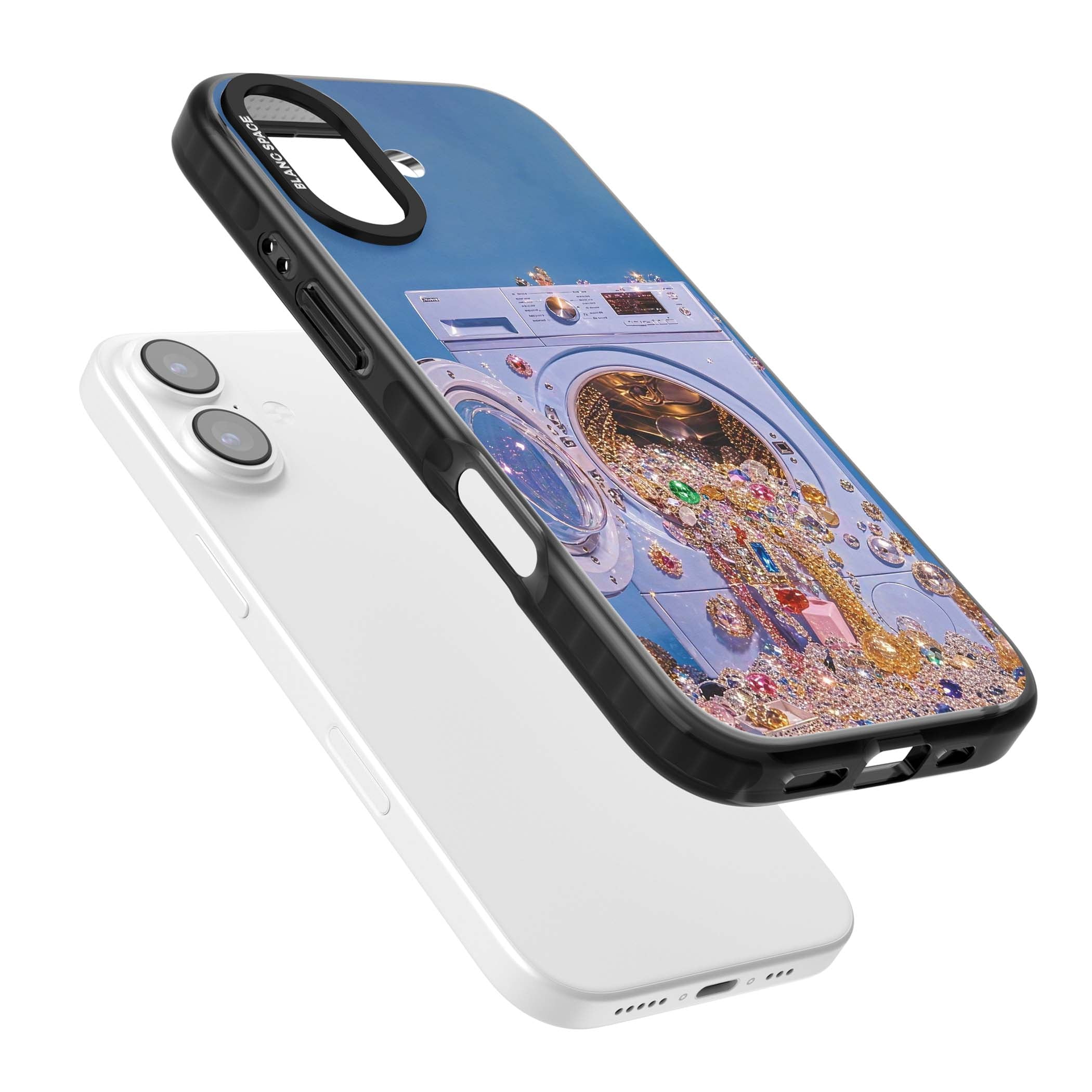 Gem Laundry baddie iPhone case featuring a surreal washing machine overflowing with colourful gemstones and crystals | Black Impact Magsafe case for iPhone 17