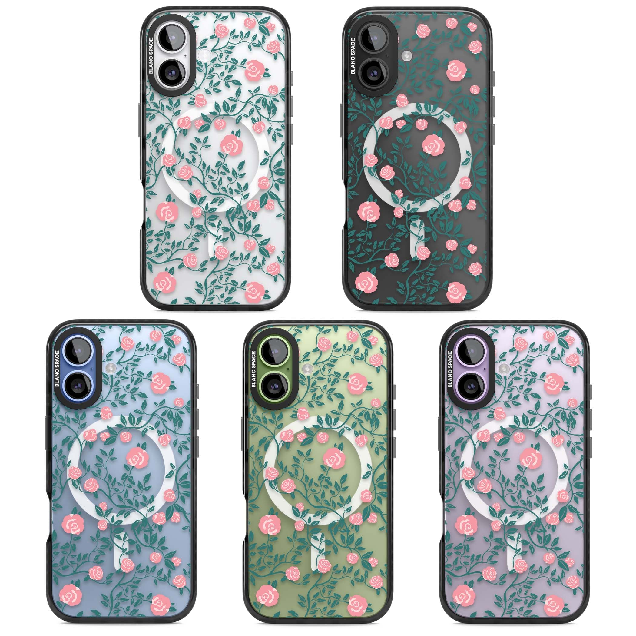 Rose Trellis (Clear) cottagecore iPhone case featuring pink climbing roses and green leaves on clear background | Black Impact Magsafe case for iPhone 17