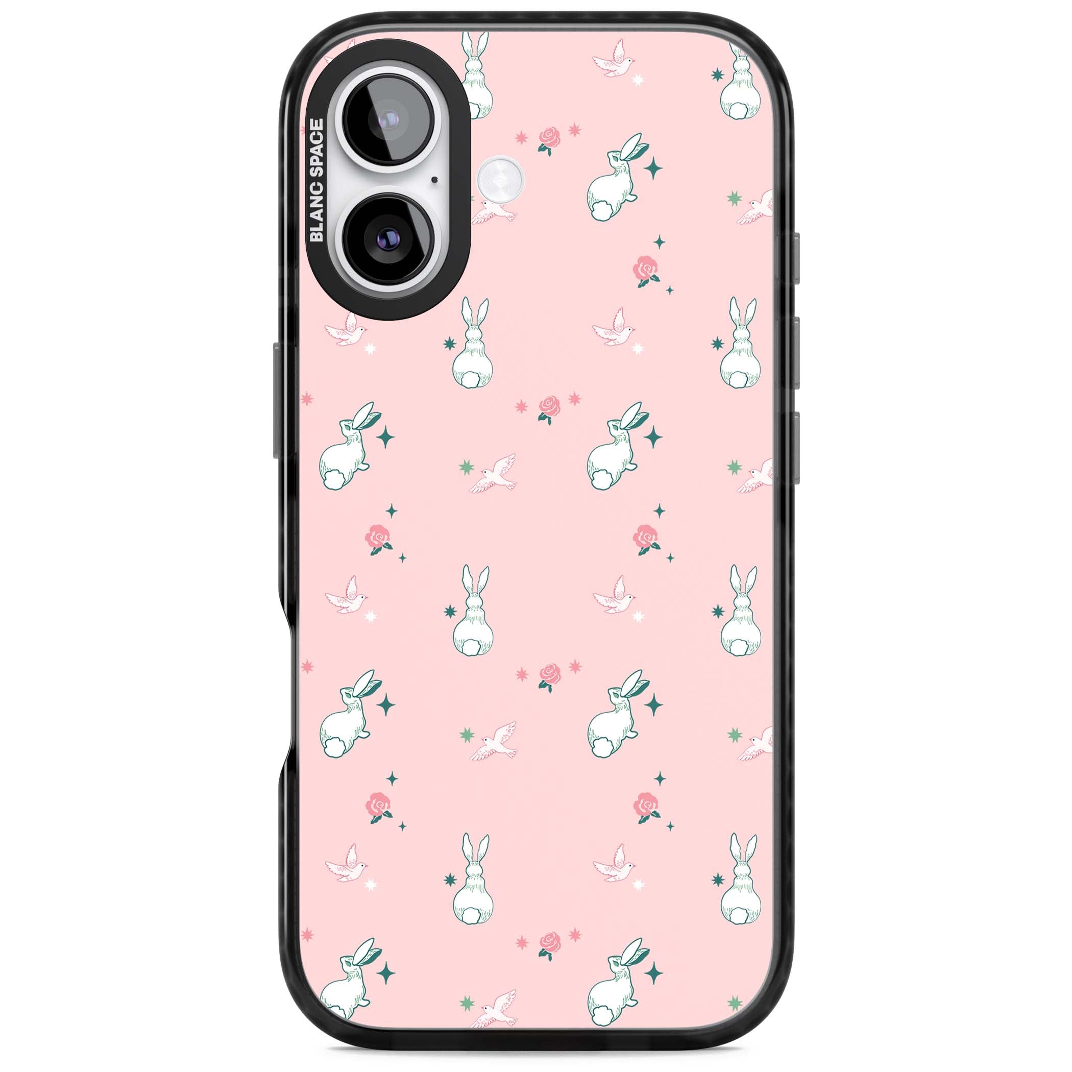 Bunny Garden kawaii iPhone case featuring white rabbits, pink roses, doves and stars on pink background | Black Impact Magsafe case for iPhone 17