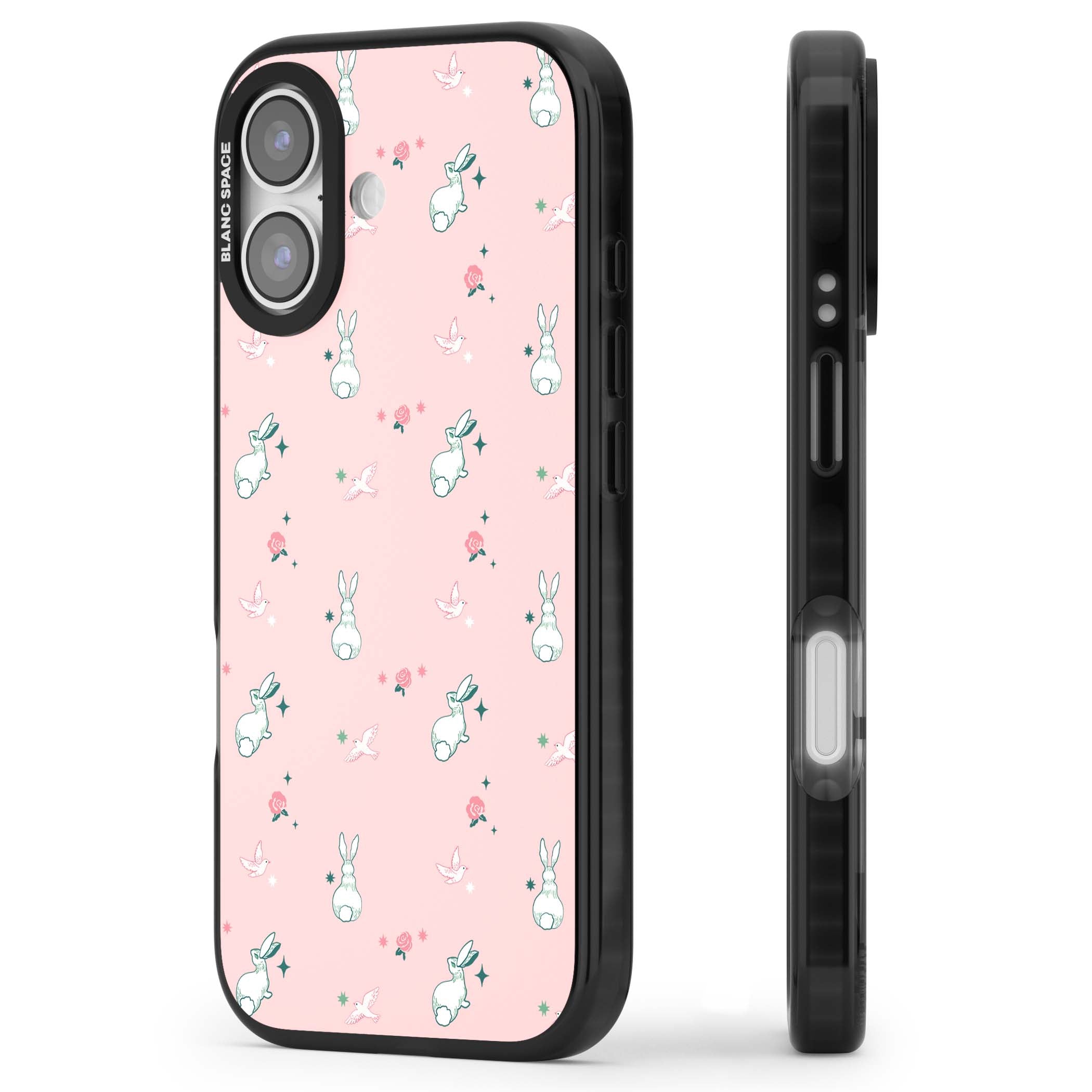 Bunny Garden kawaii iPhone case featuring white rabbits, pink roses, doves and stars on pink background | Black Impact Magsafe case for iPhone 17