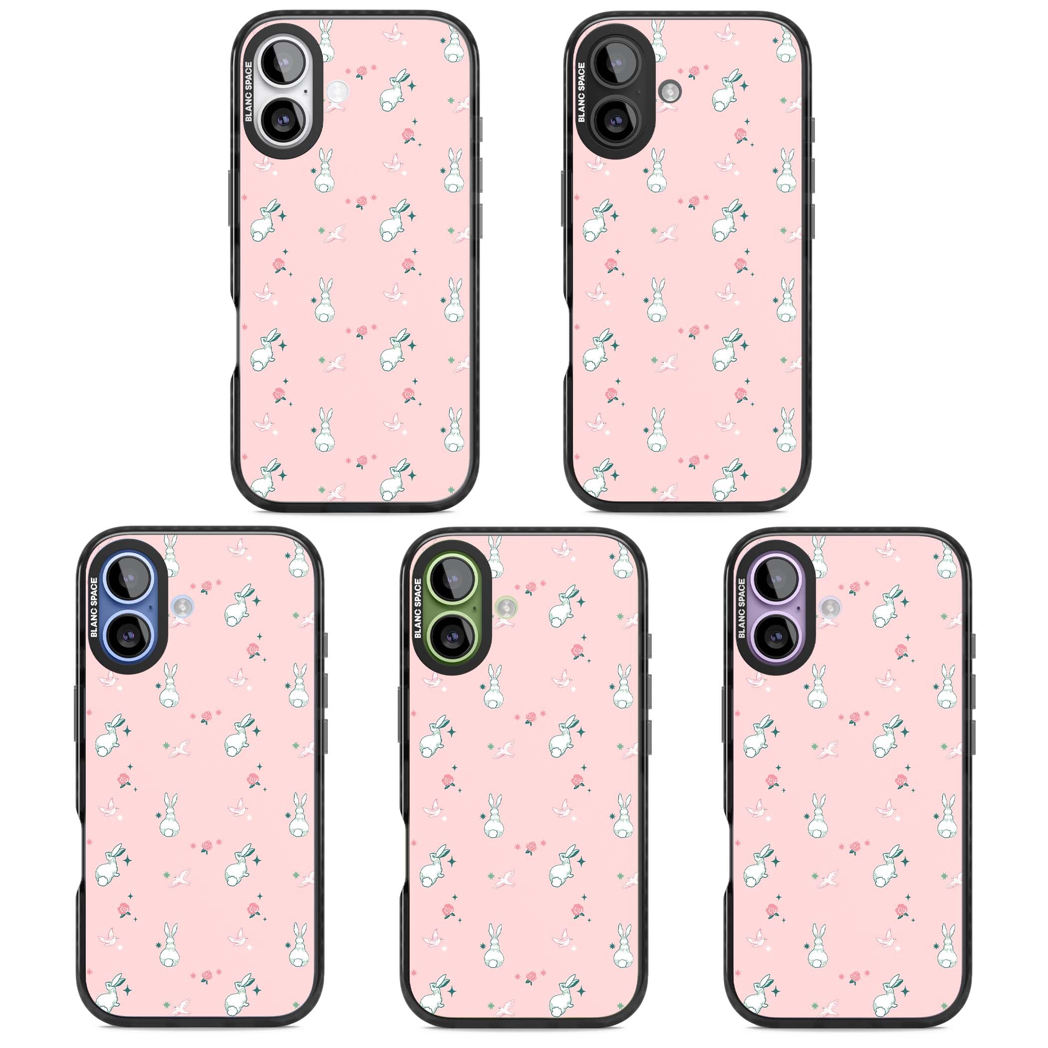 Bunny Garden kawaii iPhone case featuring white rabbits, pink roses, doves and stars on pink background | Black Impact Magsafe case for iPhone 17