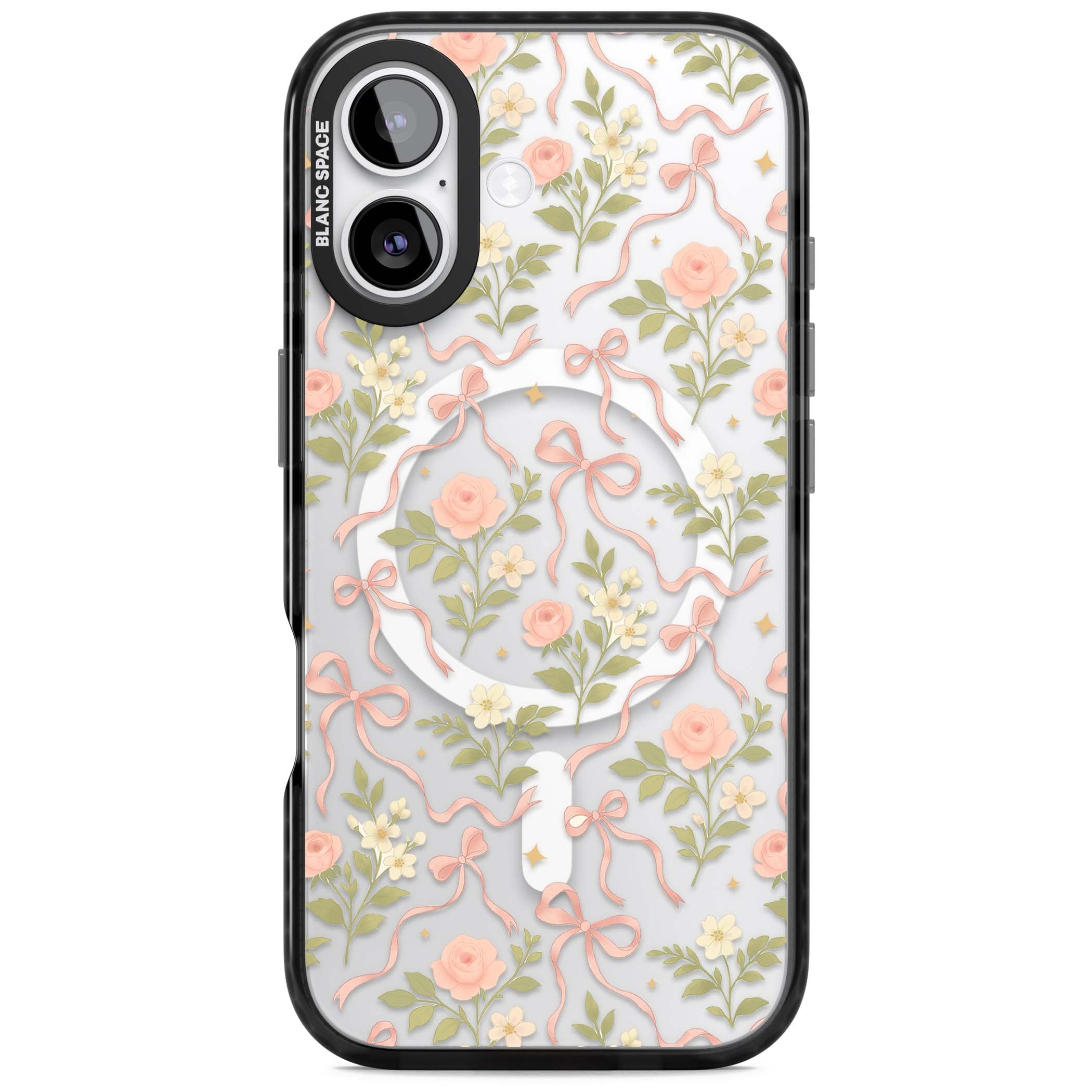 Ribbon Garden coquette iPhone case featuring pink bows, peach roses and wildflowers on white background | Black Impact Magsafe case for iPhone 17
