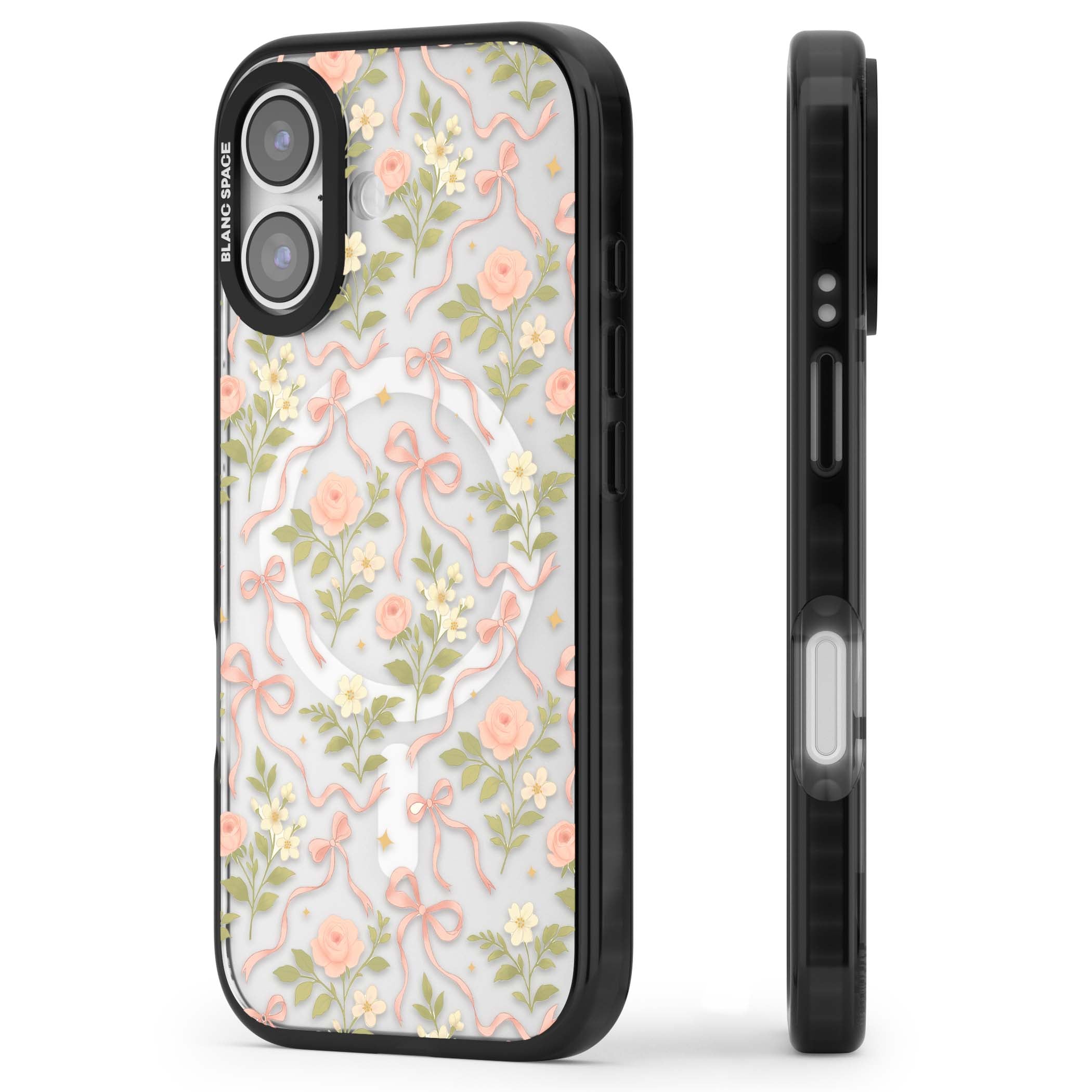 Ribbon Garden coquette iPhone case featuring pink bows, peach roses and wildflowers on white background | Black Impact Magsafe case for iPhone 17