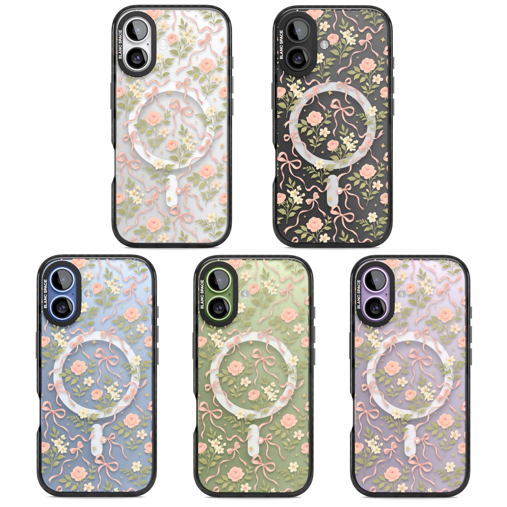 Ribbon Garden coquette iPhone case featuring pink bows, peach roses and wildflowers on white background | Black Impact Magsafe case for iPhone 17