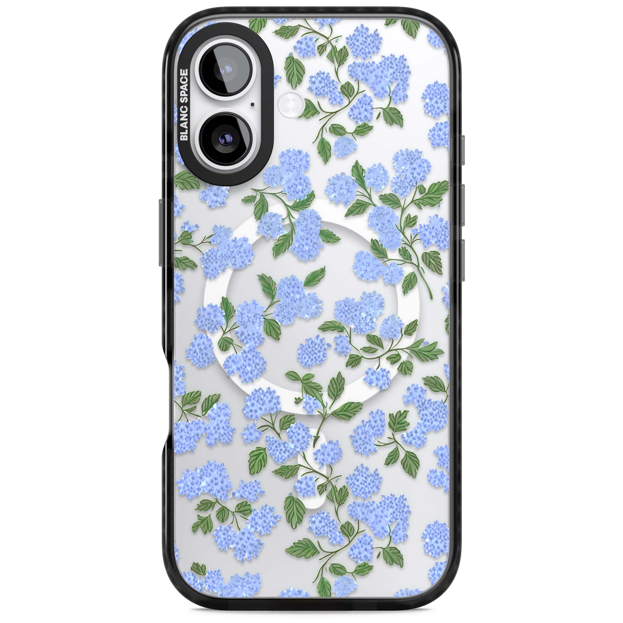 Hydrangea Dreams cottagecore iPhone case featuring soft blue hydrangea flower clusters and green leaves | Black Impact Magsafe case for iPhone 17