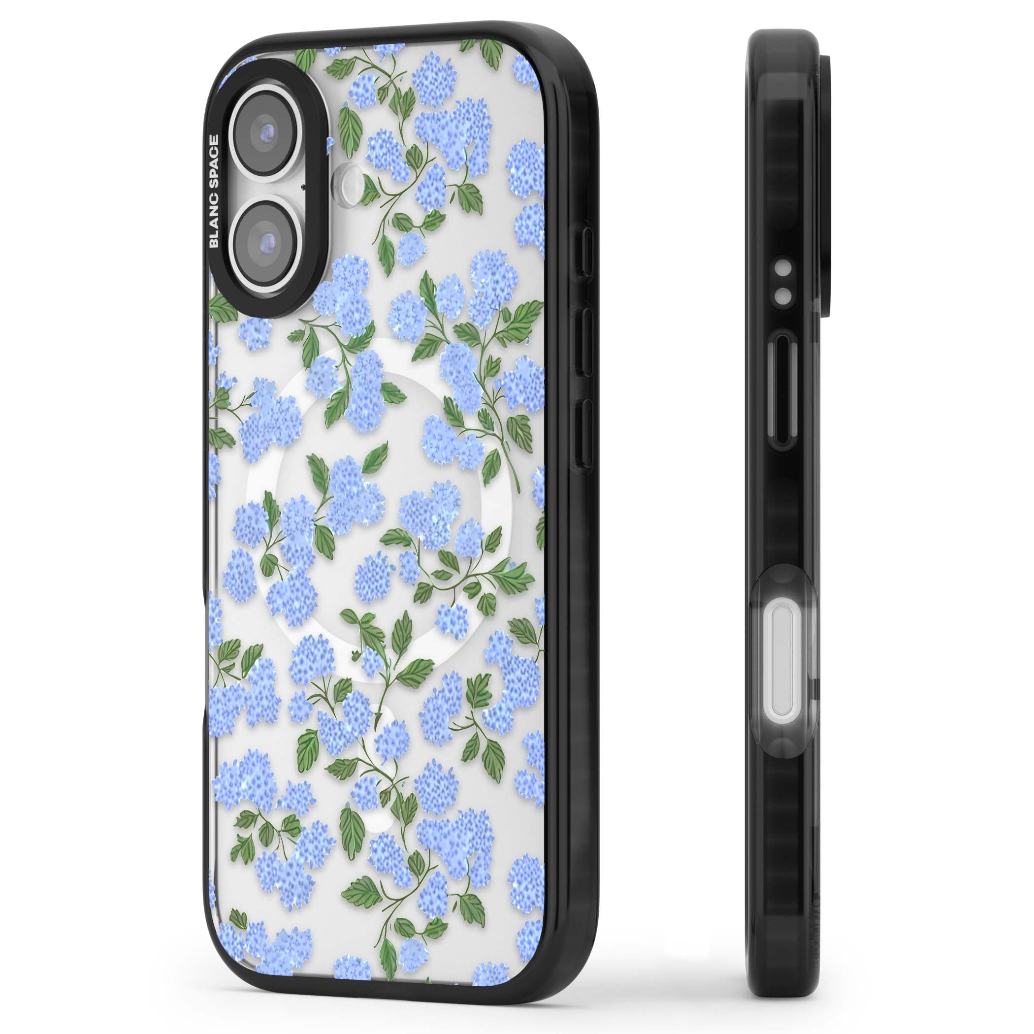 Hydrangea Dreams cottagecore iPhone case featuring soft blue hydrangea flower clusters and green leaves | Black Impact Magsafe case for iPhone 17