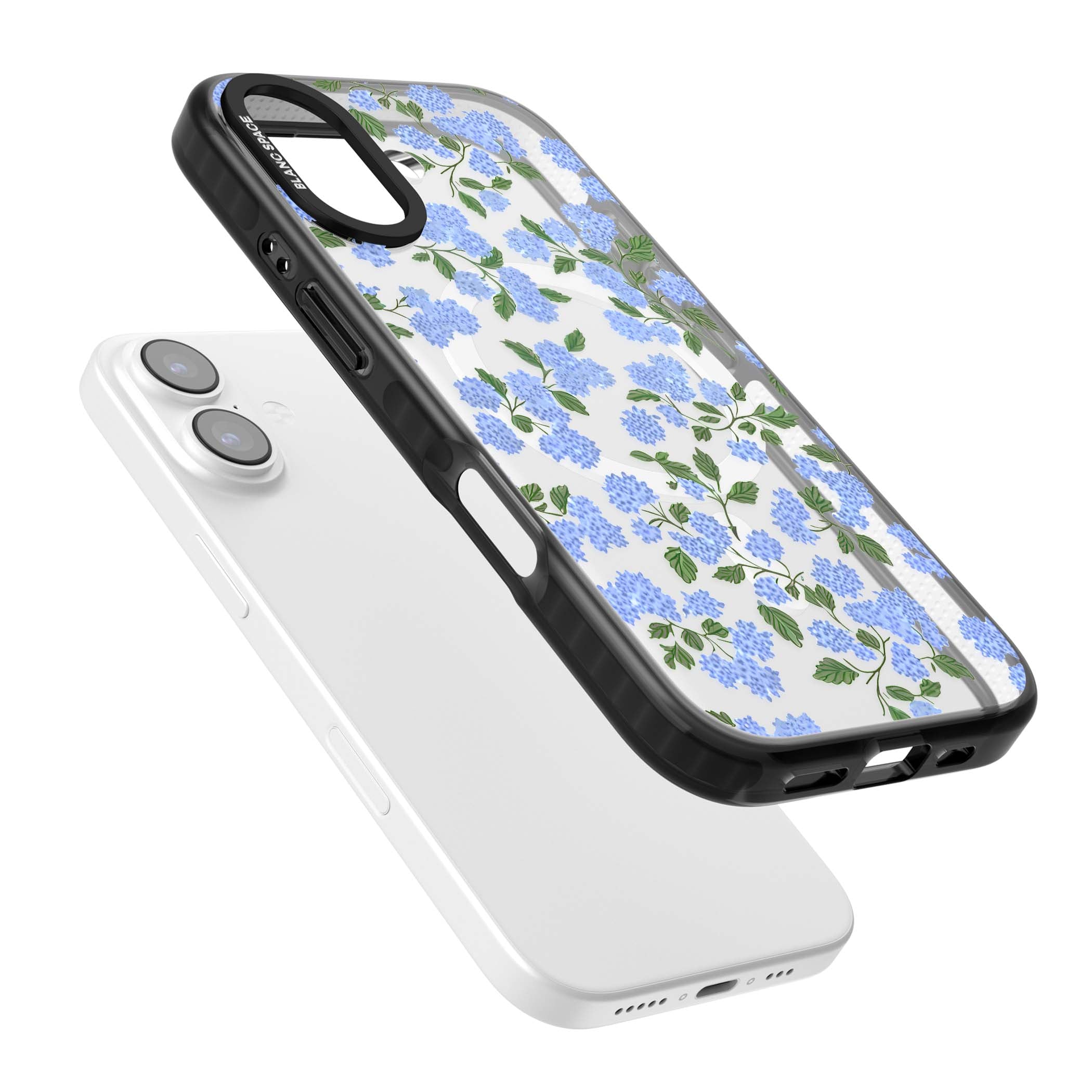 Hydrangea Dreams cottagecore iPhone case featuring soft blue hydrangea flower clusters and green leaves | Black Impact Magsafe case for iPhone 17