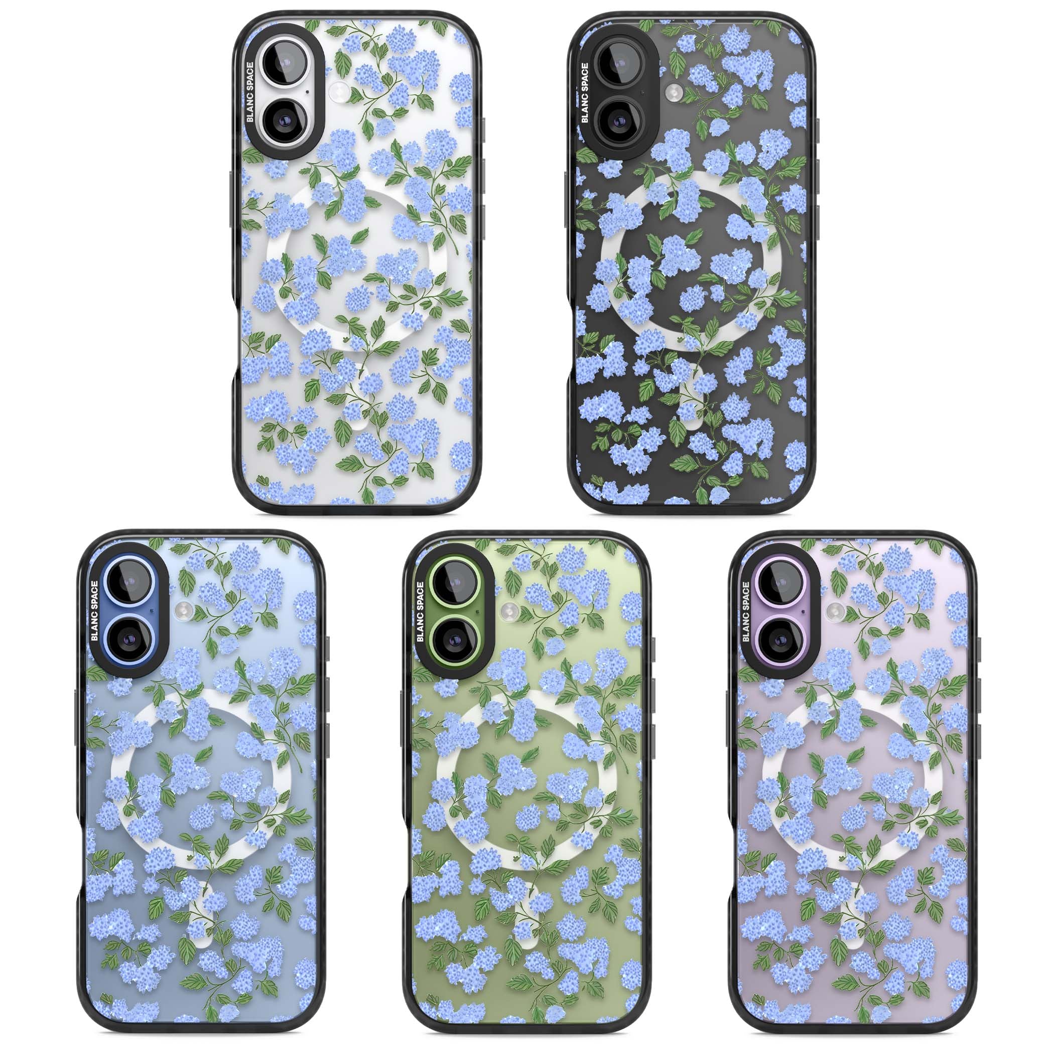 Hydrangea Dreams cottagecore iPhone case featuring soft blue hydrangea flower clusters and green leaves | Black Impact Magsafe case for iPhone 17