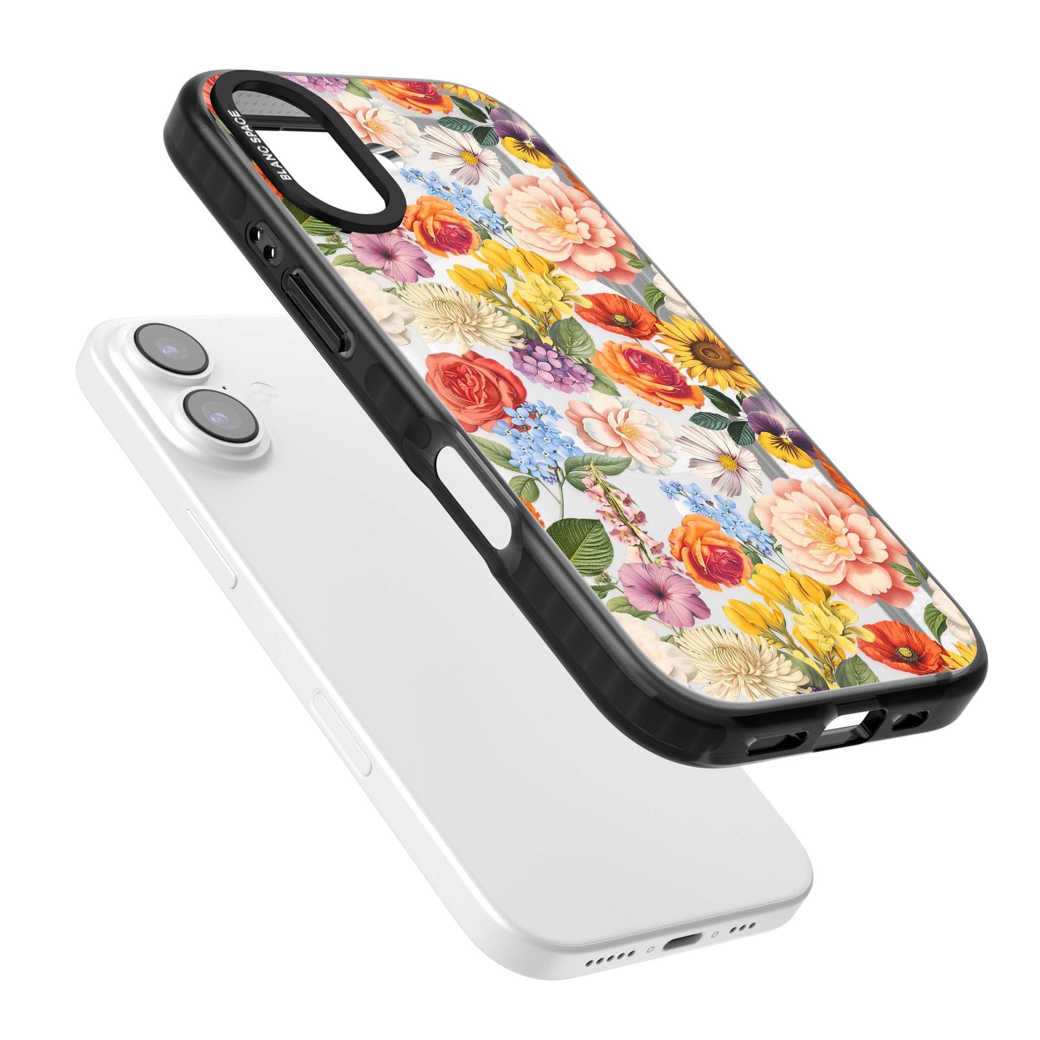 Bloom Basket floral iPhone case featuring cottage garden flowers including peonies, sunflowers, and wildflowers in pastel col | Black Impact Magsafe case for iPhone 17