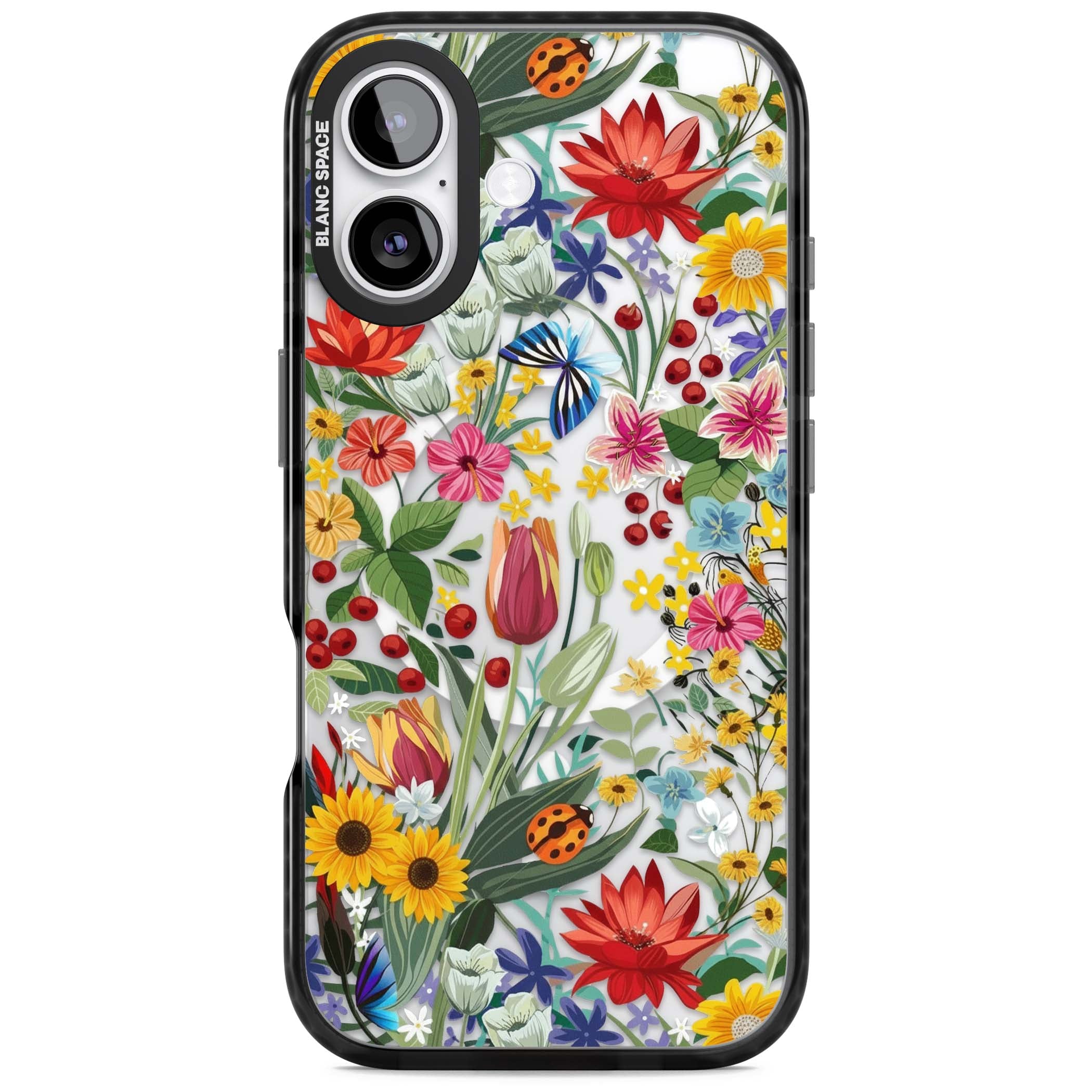 Botanical Bloom cottagecore iPhone case featuring colorful wildflowers, sunflowers, and ladybugs on clear background | Black Impact Magsafe case for iPhone 17