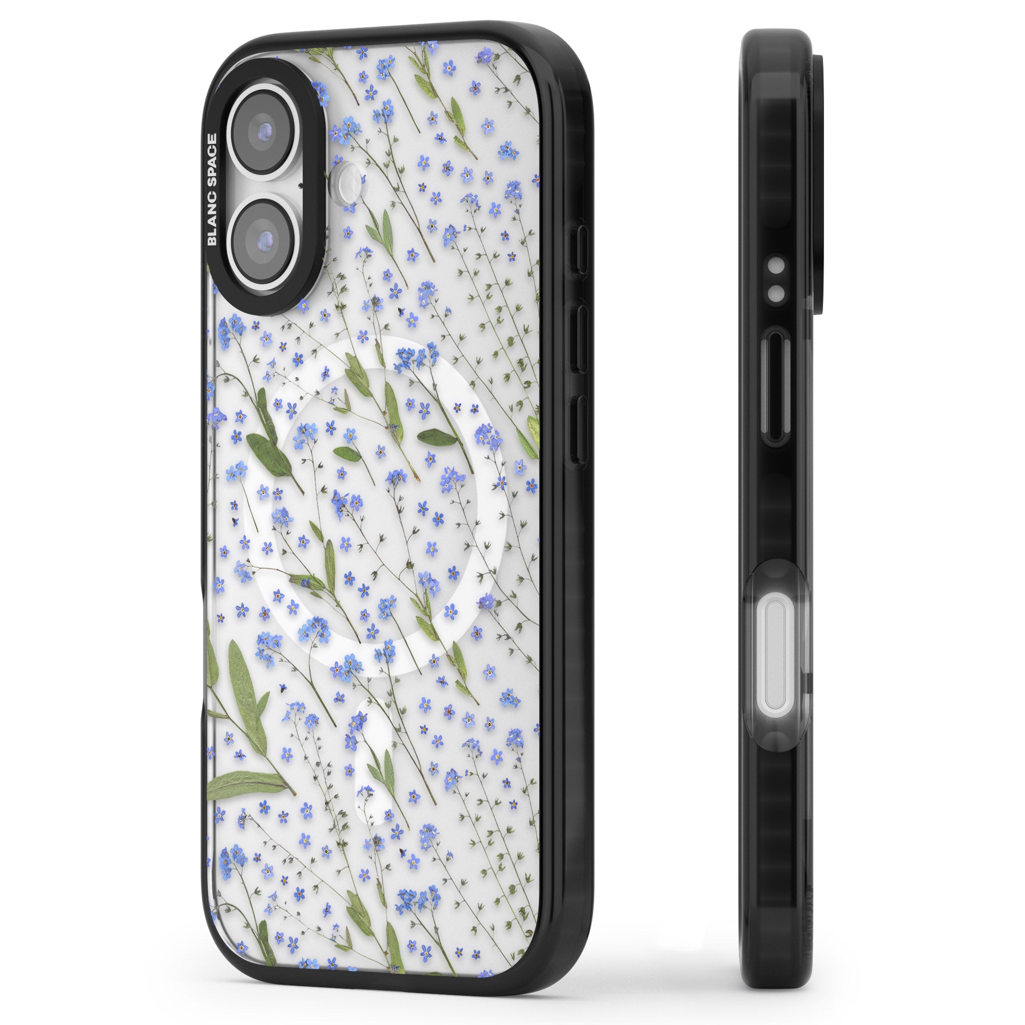 Blue Meadow Floral iPhone 17 Impact Pro Black Phone Case Side Profile