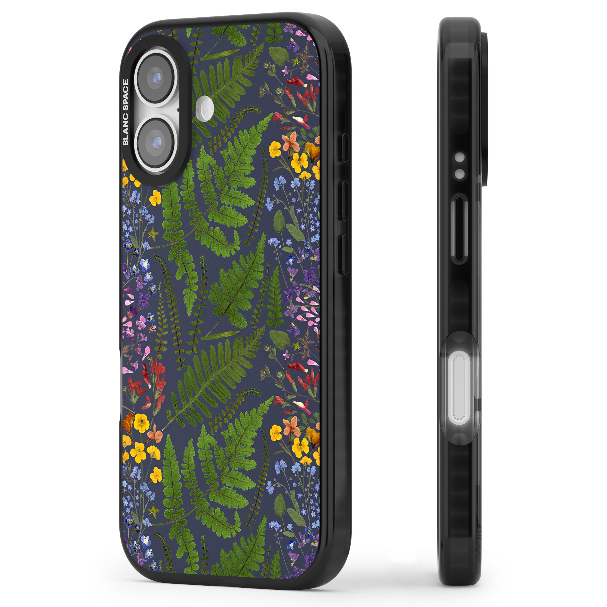 Busy Floral And Fern Design Navy iPhone 17 Impact Pro Black Phone Case Side Profile