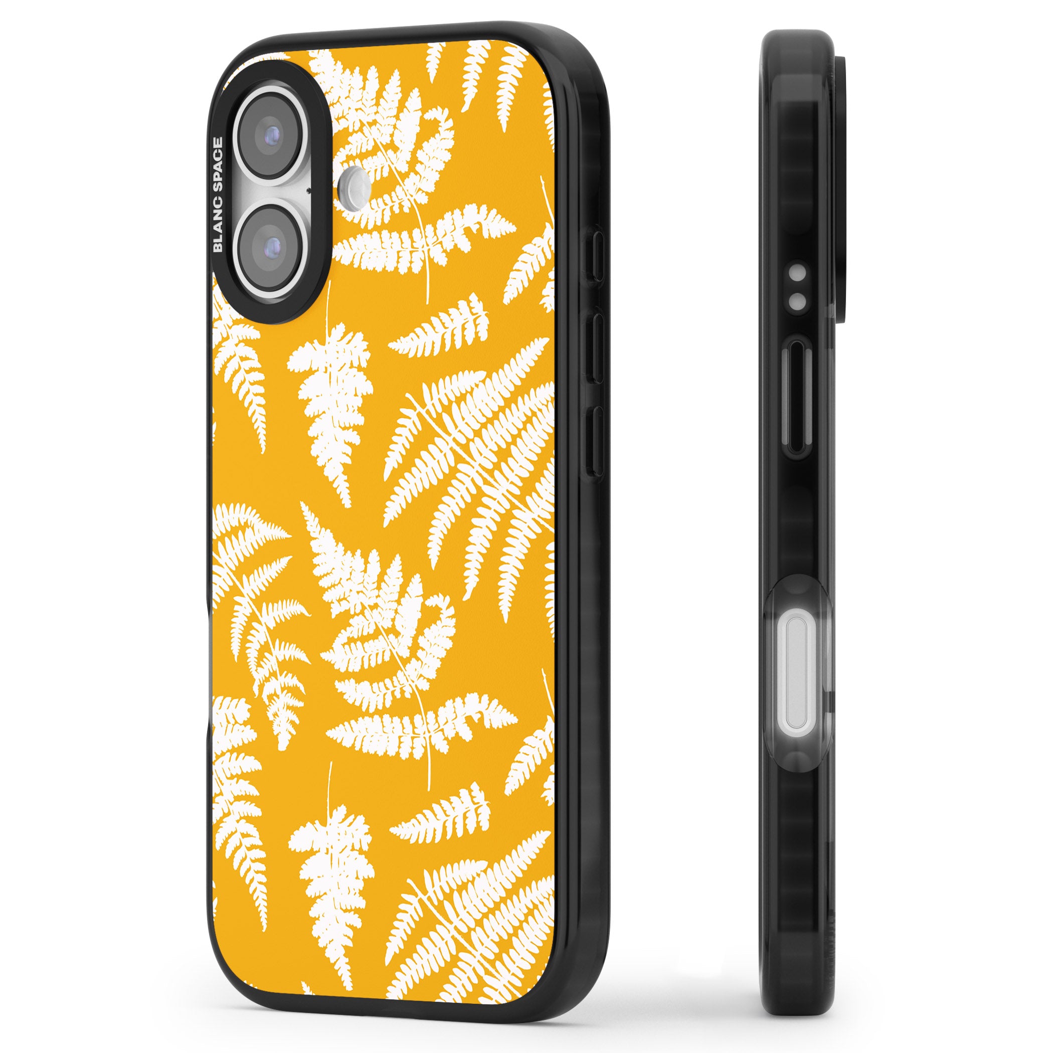 Fern Pattern On Yellow iPhone 17 Impact Pro Black Phone Case Side Profile