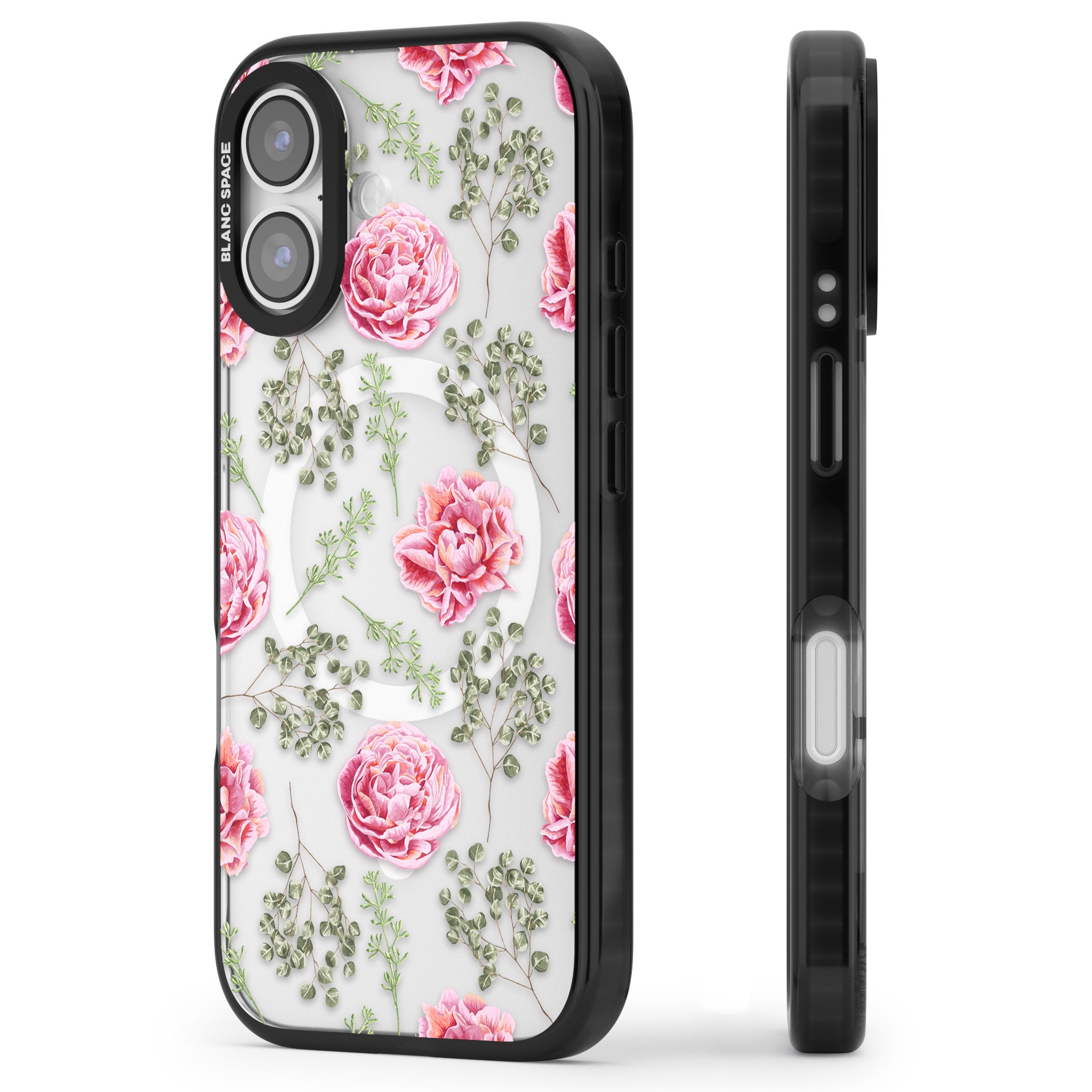 Roses & Eucalyptus Floral iPhone 17 Impact Pro Black Phone Case Side Profile
