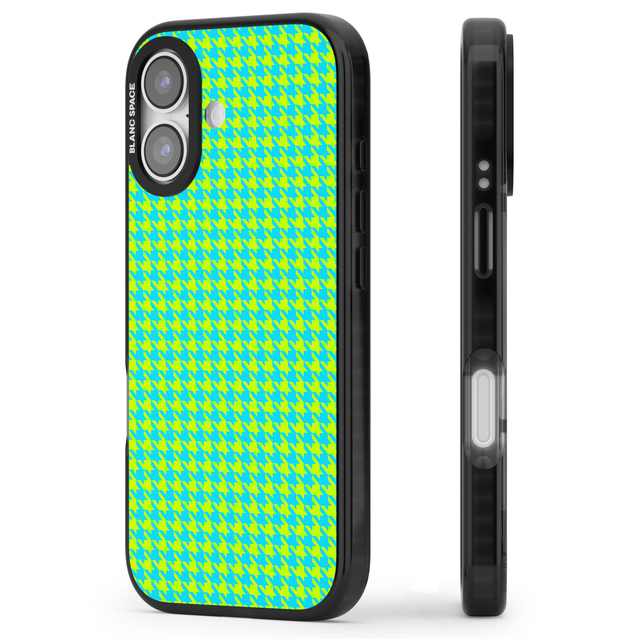 Neon Lime & Turquoise Houndstooth iPhone 17 Impact Pro Black Phone Case Side Profile