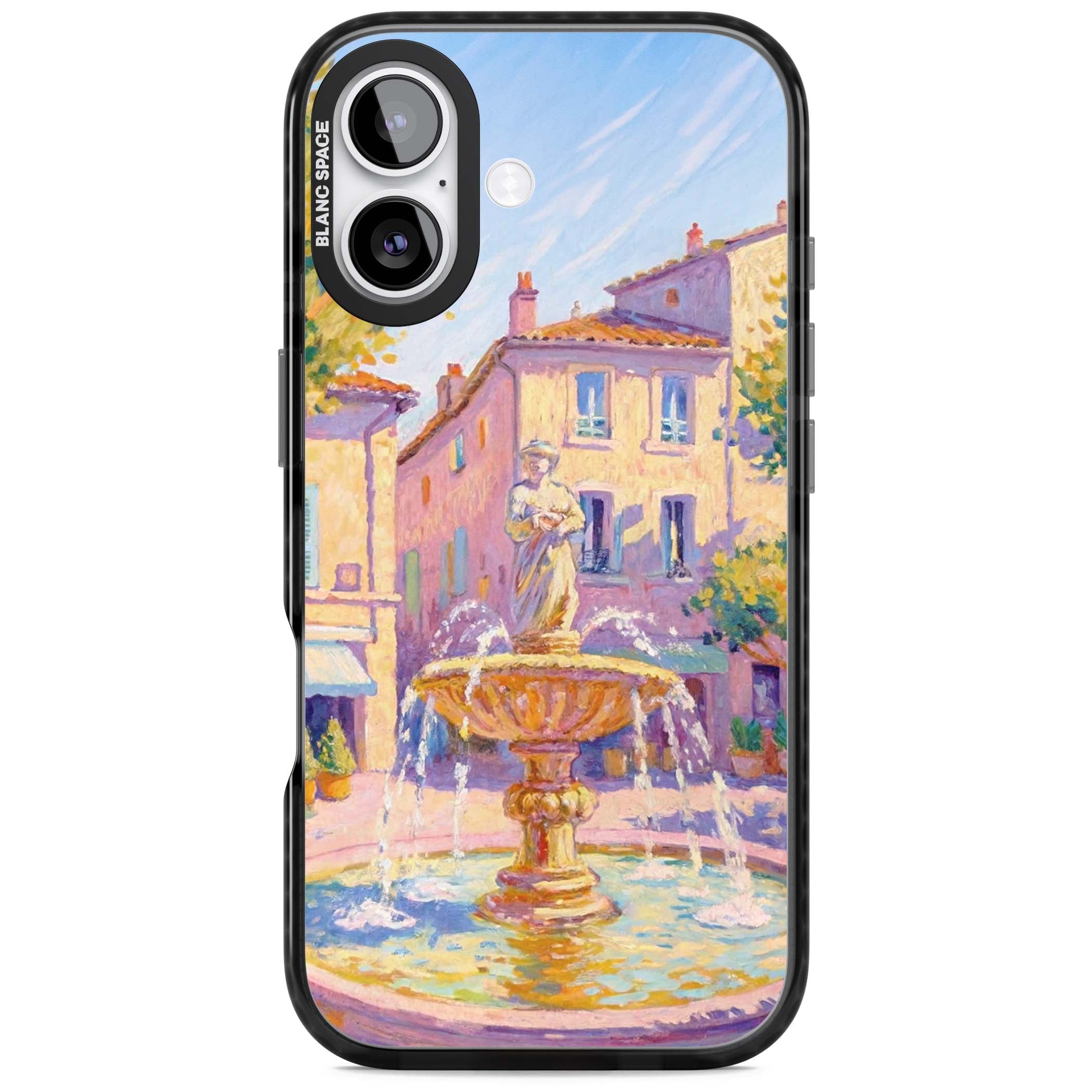 Fountain Square fine art iPhone case featuring an impressionist Provençal fountain, pastel village buildings and summe | Black Impact Magsafe case for iPhone 17