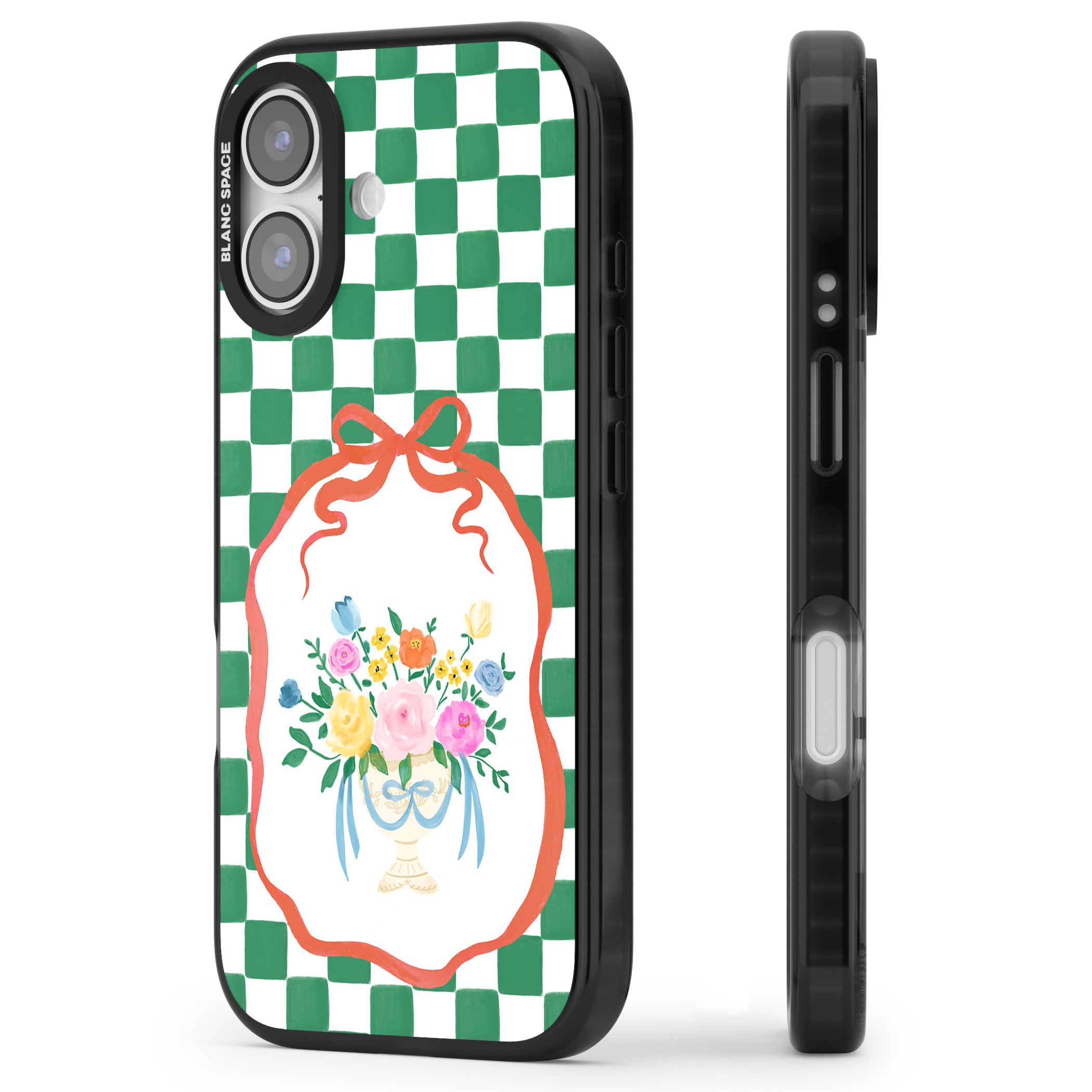 Green Checked Bouquet iPhone 17 Impact Pro Black Phone Case Side Profile