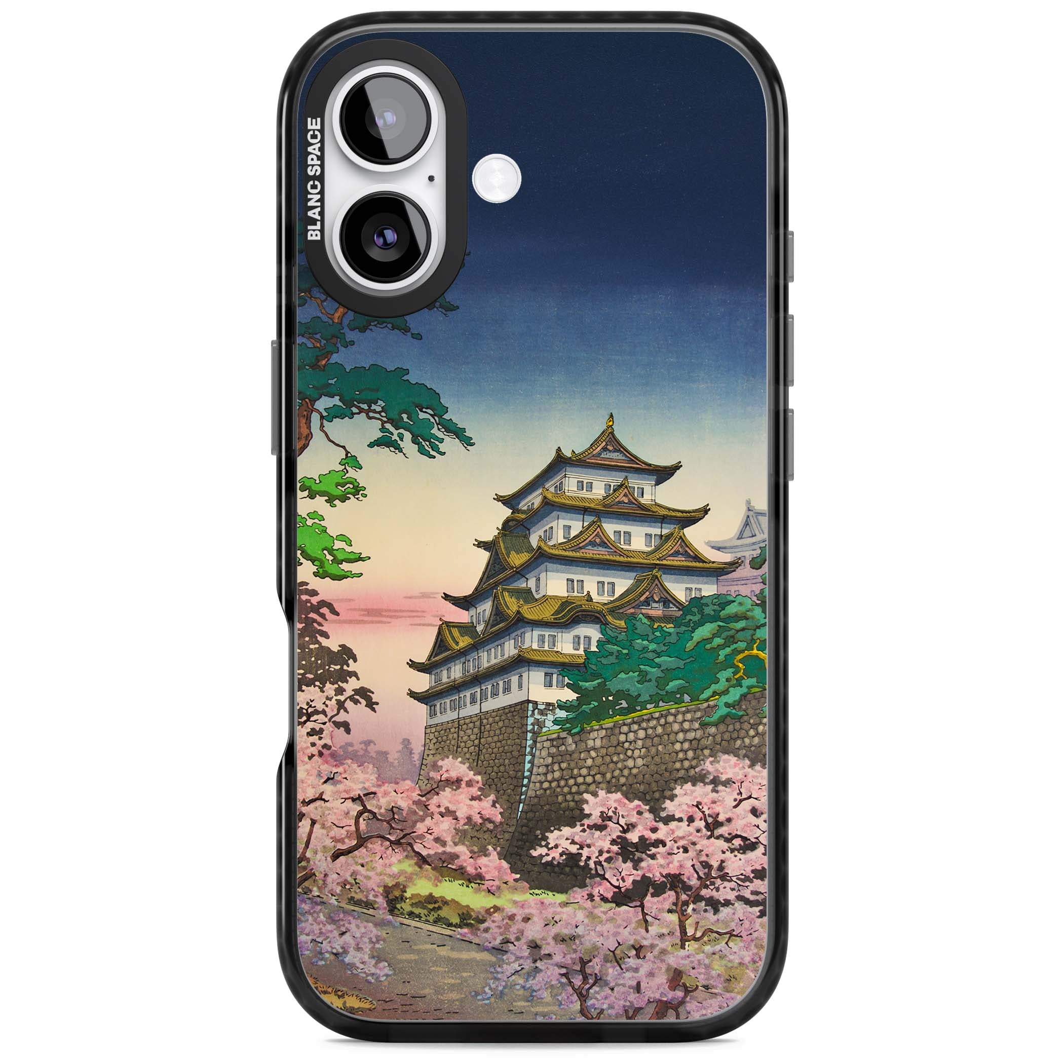 Nagoya Castle Japanese iPhone case featuring a vintage pagoda, twilight sky and cherry blossom trees | Black Impact Magsafe case for iPhone 17