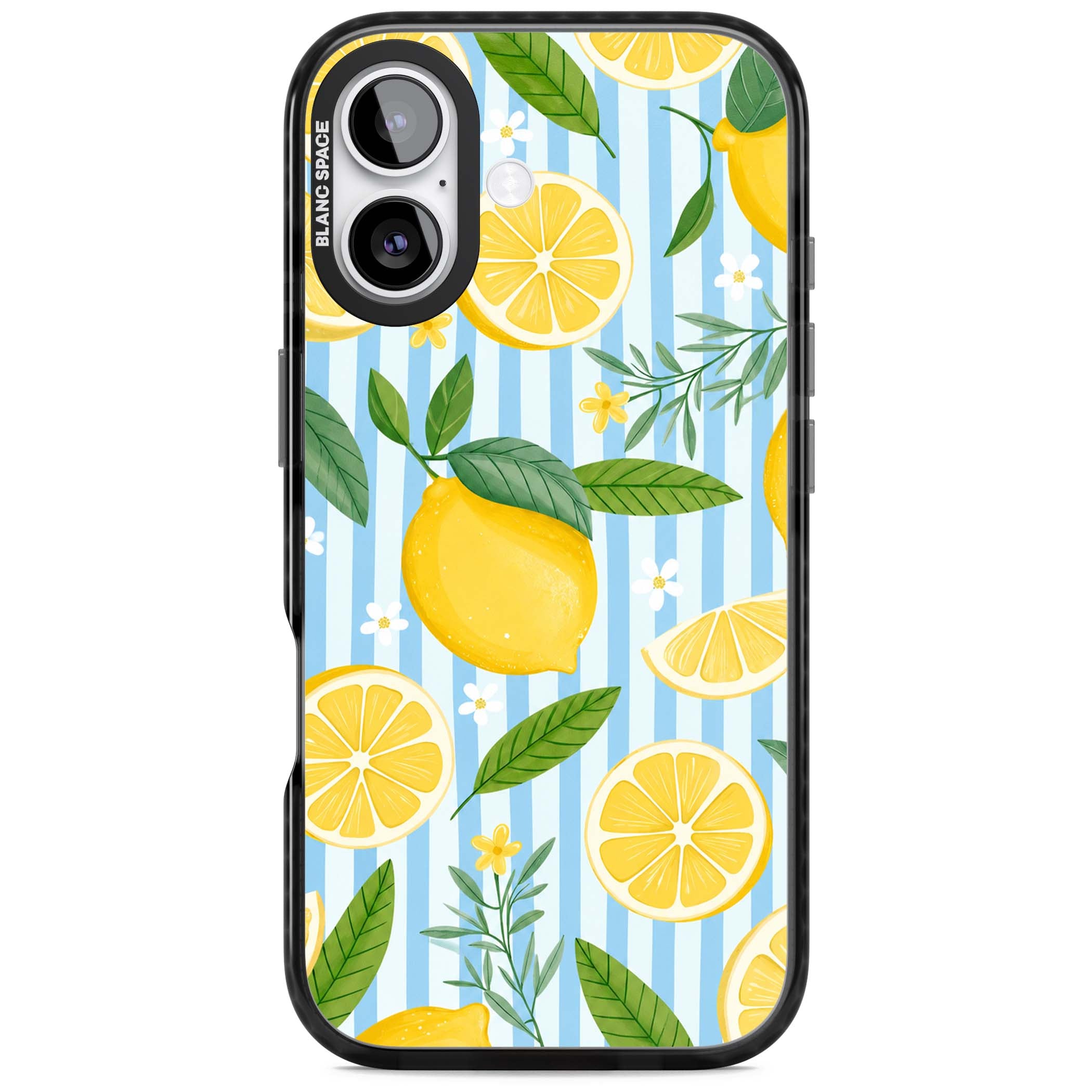 Capri Citrus Stripe coastal iPhone case featuring yellow lemons, blue stripes, and white daisy blossoms | Black Impact Magsafe case for iPhone 17