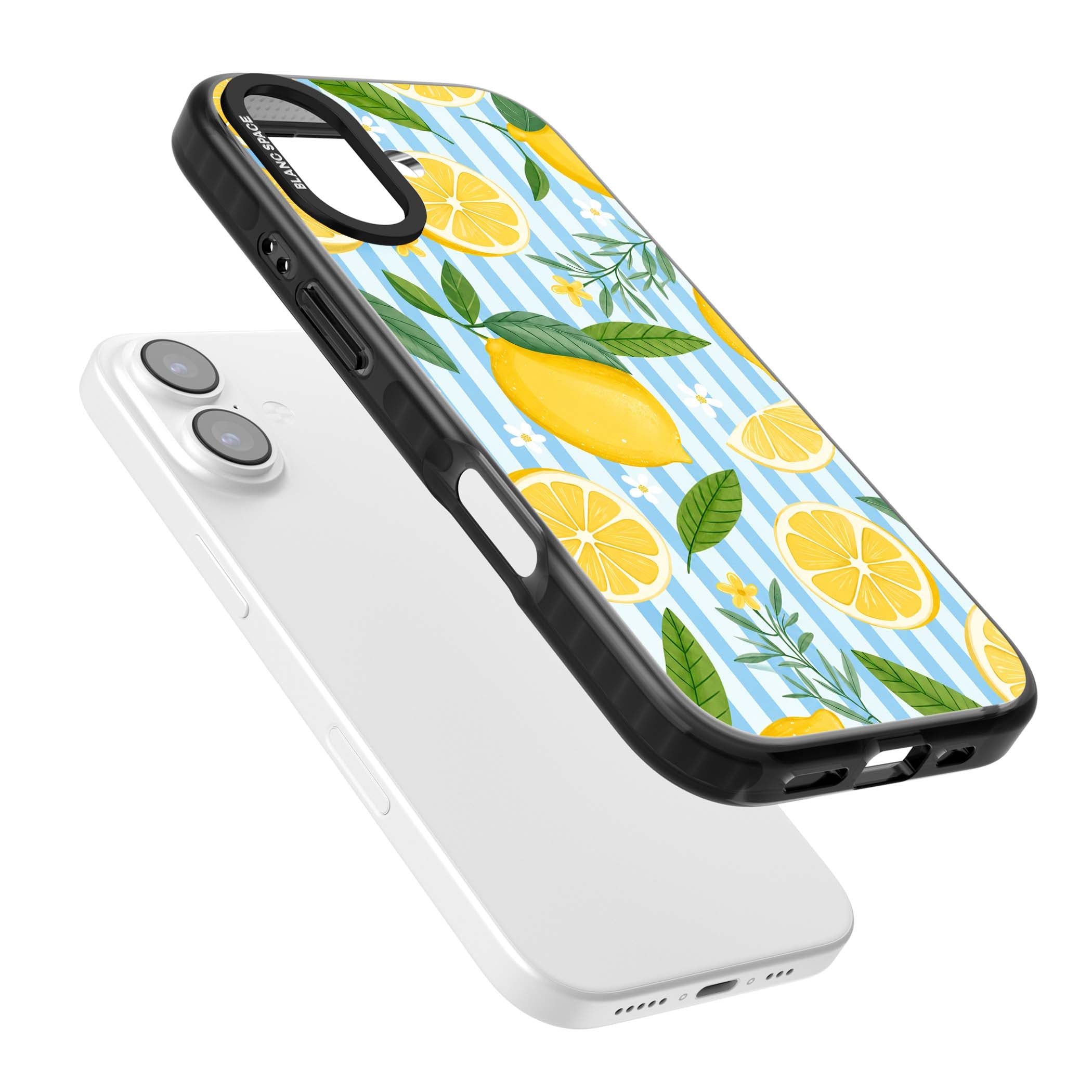 Capri Citrus Stripe coastal iPhone case featuring yellow lemons, blue stripes, and white daisy blossoms | Black Impact Magsafe case for iPhone 17