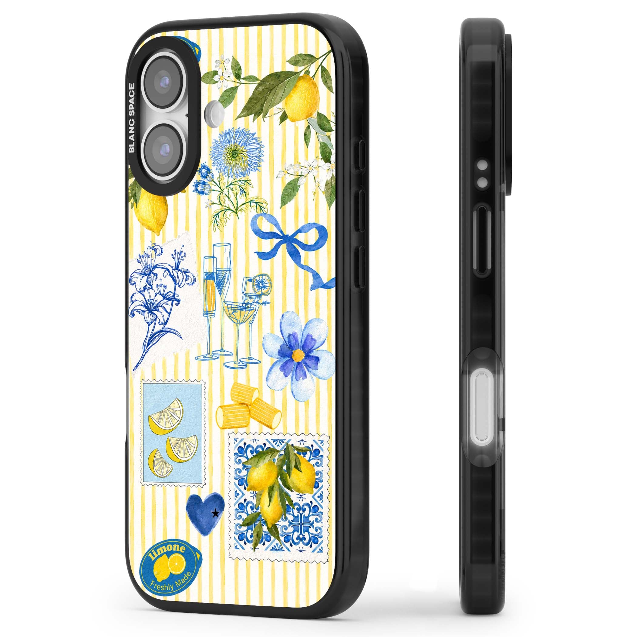Limone Riviera Italian summer iPhone case featuring watercolour lemons, blue ribbon bows and majolica tile stamps on... | Black Impact Magsafe case for iPhone 17