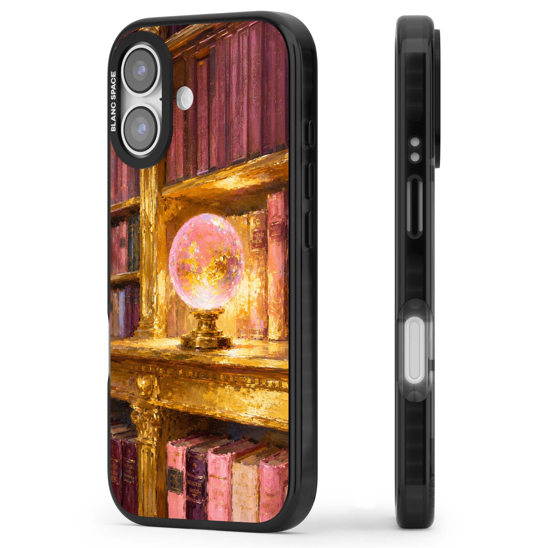 Gilded Library dark academia iPhone case featuring an oil painted crystal ball on a gilded library shelf with vintage | Black Impact Magsafe case for iPhone 17