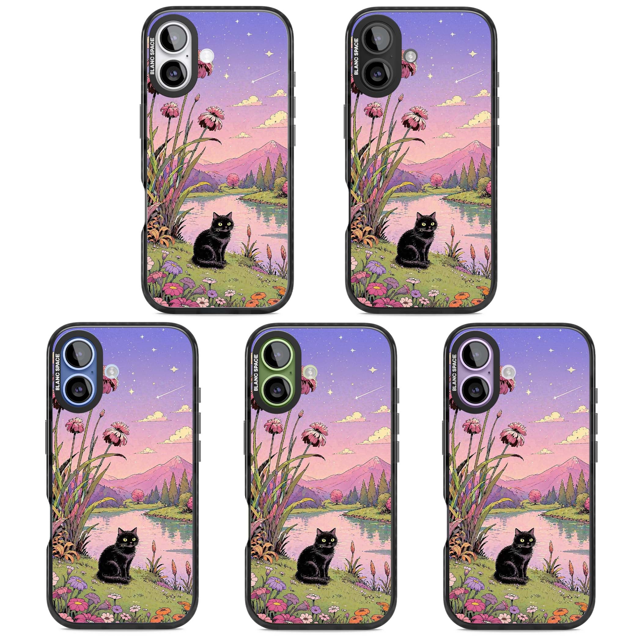 Mystic Whiskers ghibli iPhone case featuring a black cat by a pastel lake, wildflowers and a starry sunset sky | Black Impact Magsafe case for iPhone 17