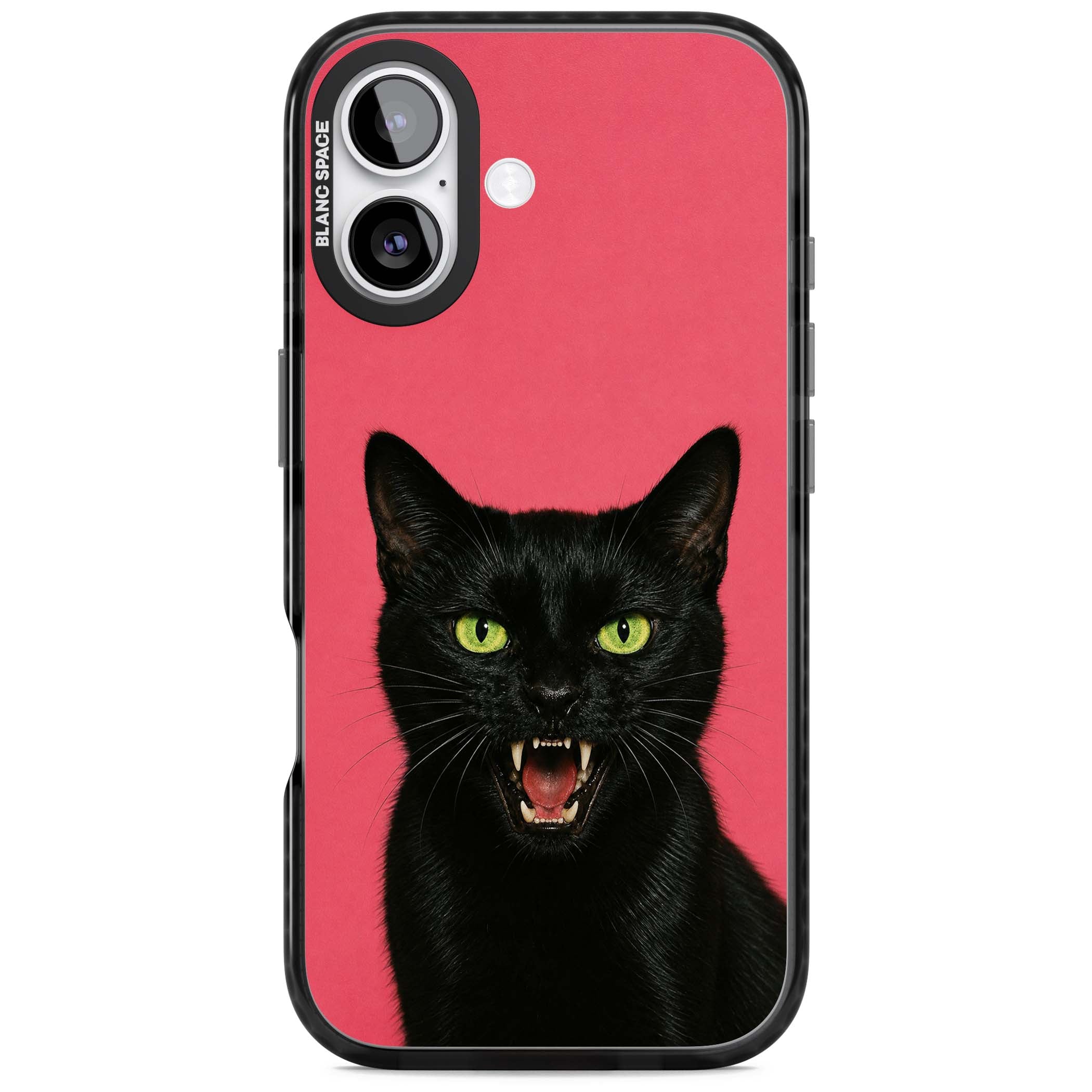 Hissin' Baddie black cat iPhone case featuring a hissing feline with green eyes on a hot pink background | Black Impact Magsafe case for iPhone 17