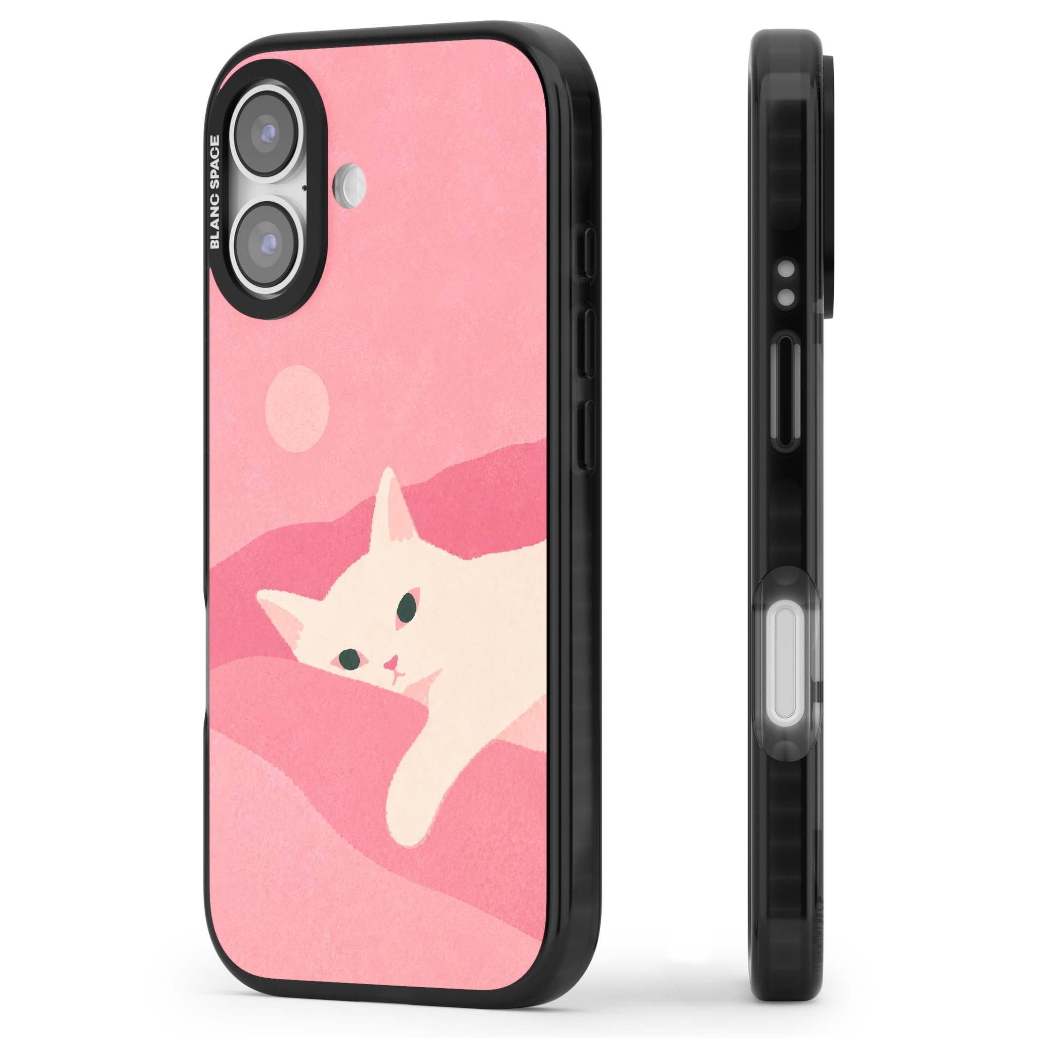 Pink Dreams cute cat iPhone case featuring a white kitten, soft pink hills and a pale pastel sun | Black Impact Magsafe case for iPhone 17