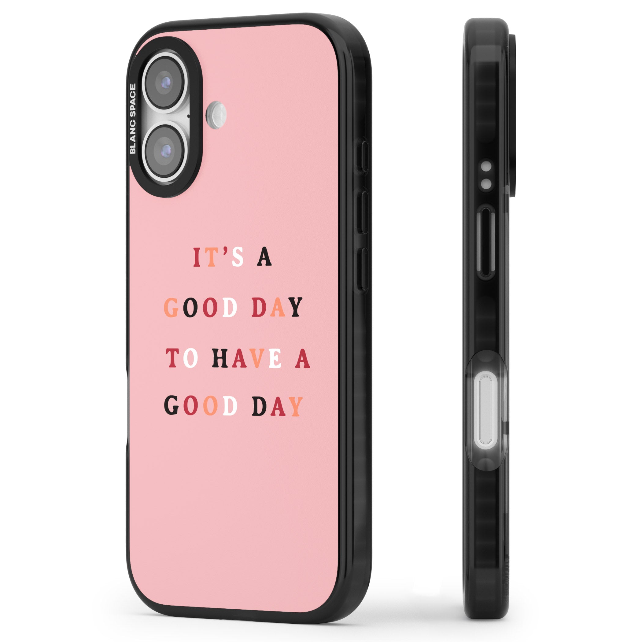 Good Day Pink Quote iPhone 17 Impact Pro Black Phone Case Side Profile
