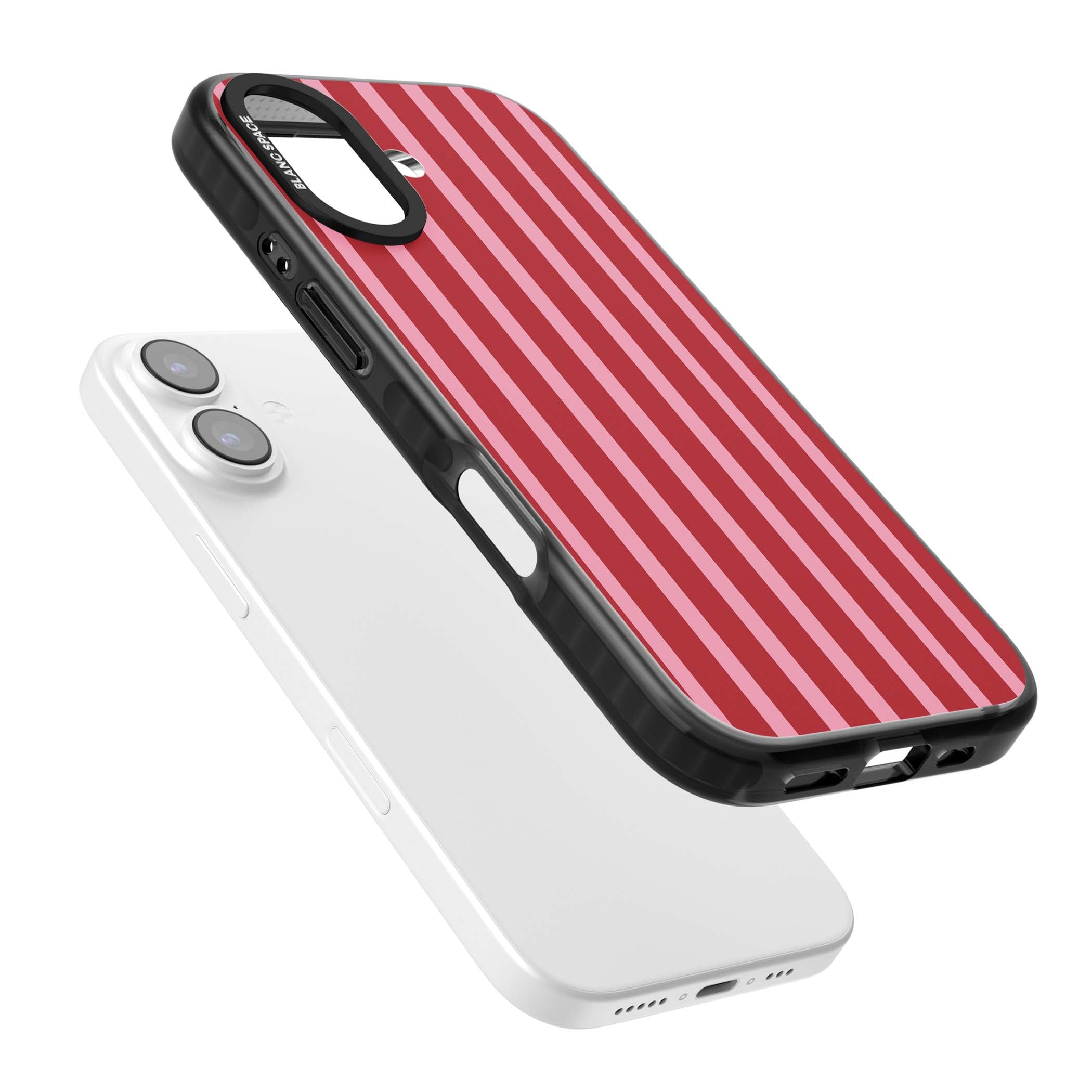 Raspberry Stripe coquette iPhone case featuring red and pink vertical stripes in a candy-inspired pattern | Black Impact Magsafe case for iPhone 17