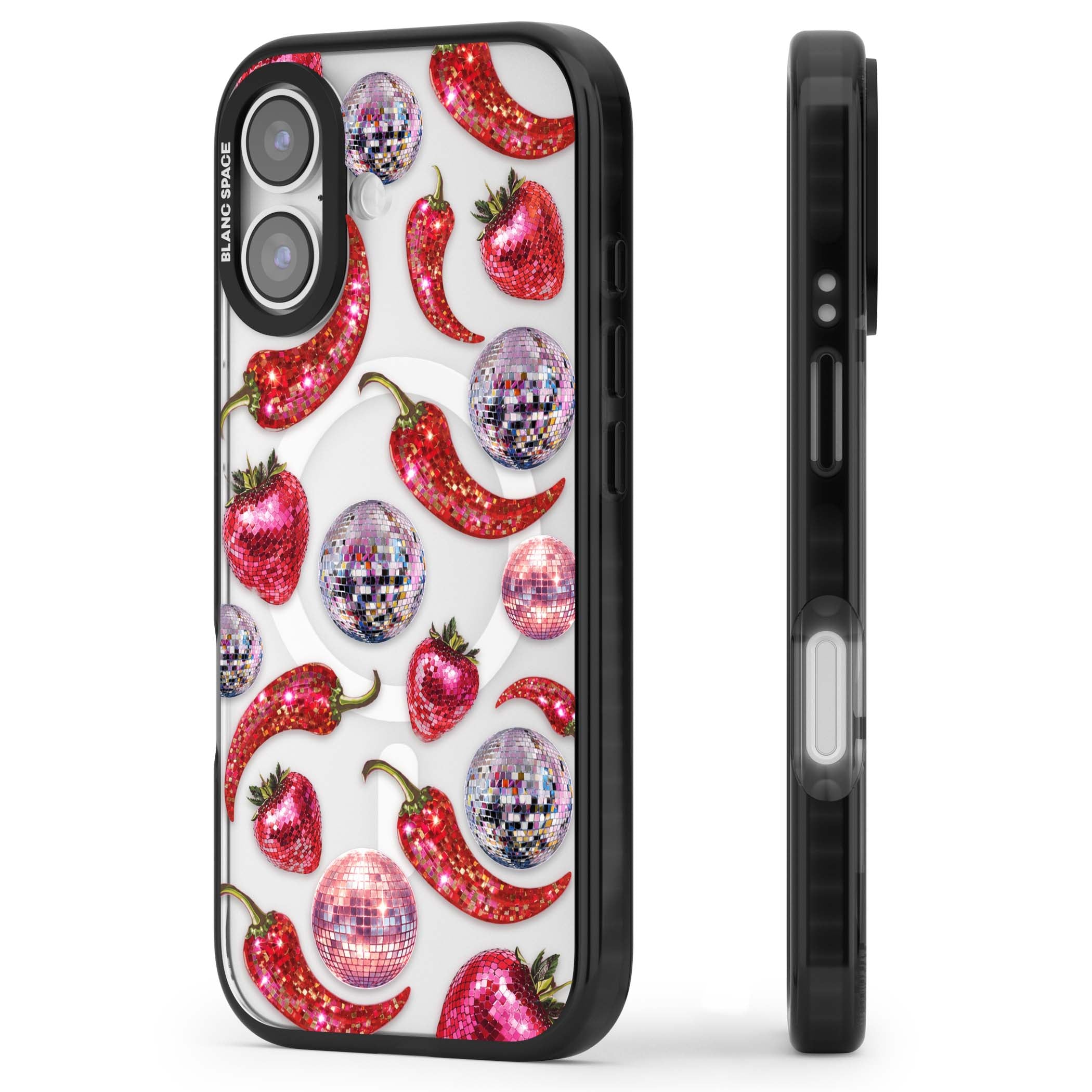 Spicy Disco Y2K iPhone case featuring glitter disco balls, sparkly strawberries and red chilli peppers | Black Impact Magsafe case for iPhone 17