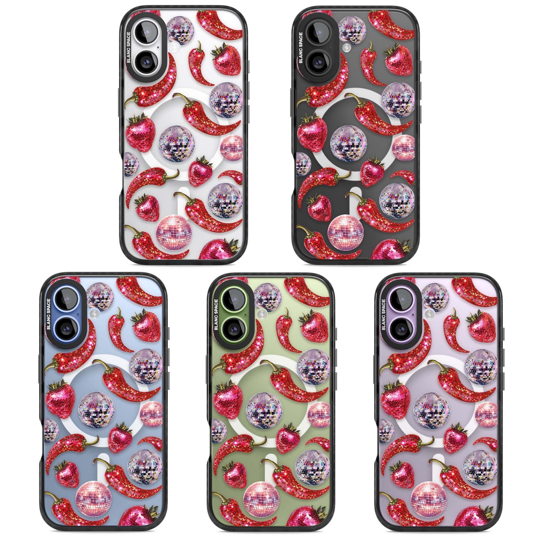 Spicy Disco Y2K iPhone case featuring glitter disco balls, sparkly strawberries and red chilli peppers | Black Impact Magsafe case for iPhone 17